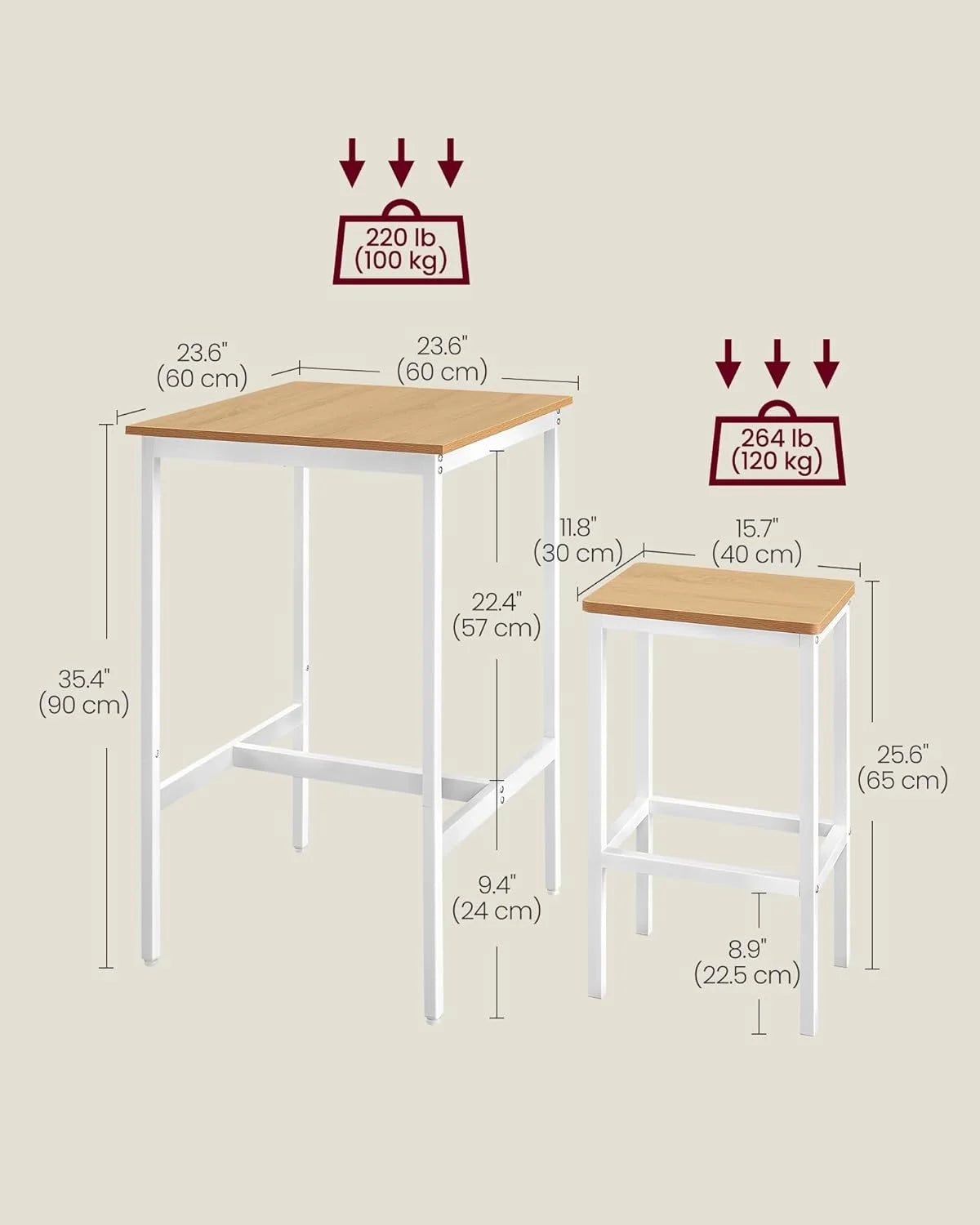Conjunto de bar con mesa cuadrada y 2 taburetes, set de comedor para 2 personas, ahorro de espacio para cocina, rincón de desayuno, salón, sala de fiestas, en roble dorado y blanco nube