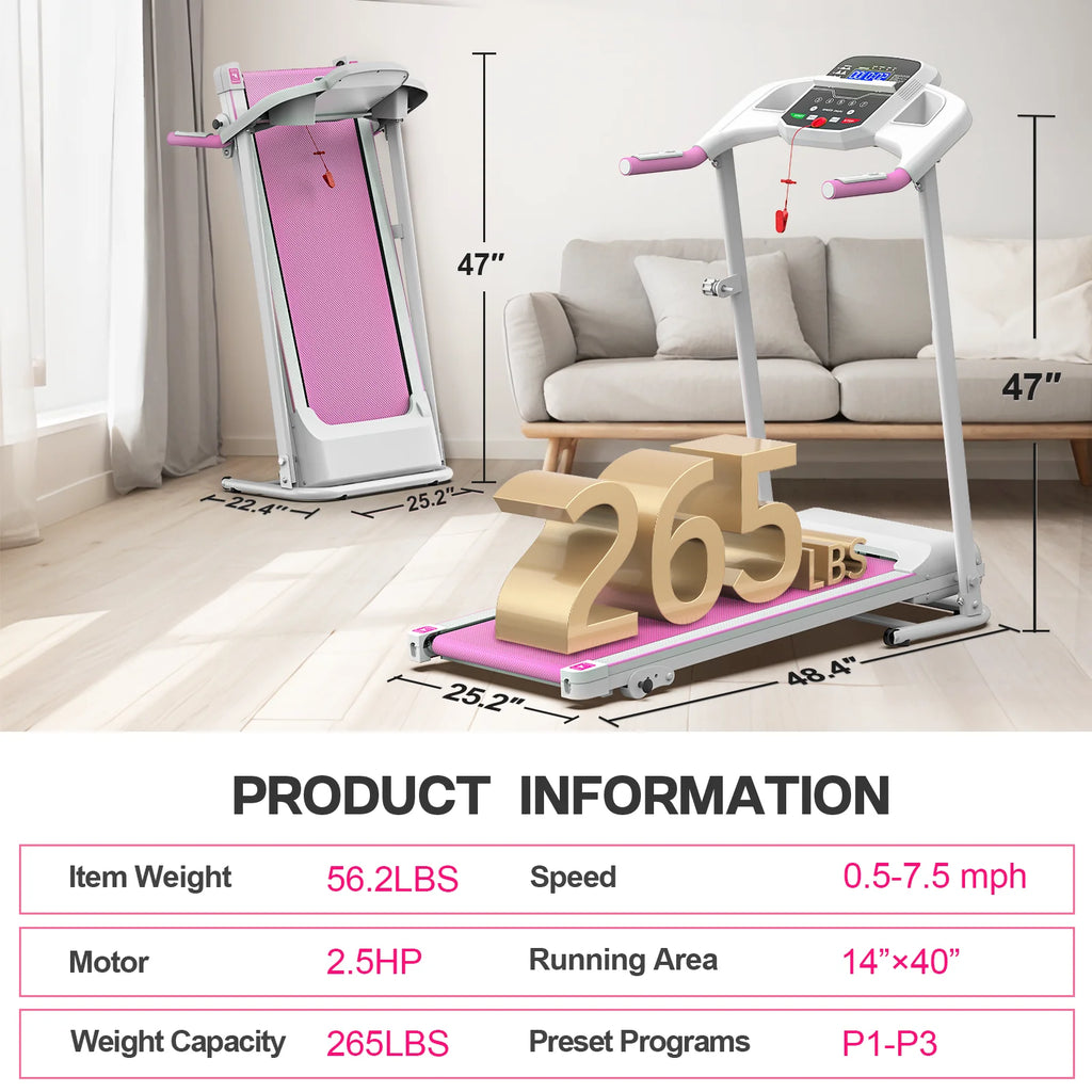 Cinta de correr plegable FYC para el hogar, 2,5 HP, velocidad hasta 12 km/h, motor eléctrico sin escobillas silencioso Proform para gimnasio en casa, tapiz con sensor de frecuencia cardíaca y pantalla LED (rosa)