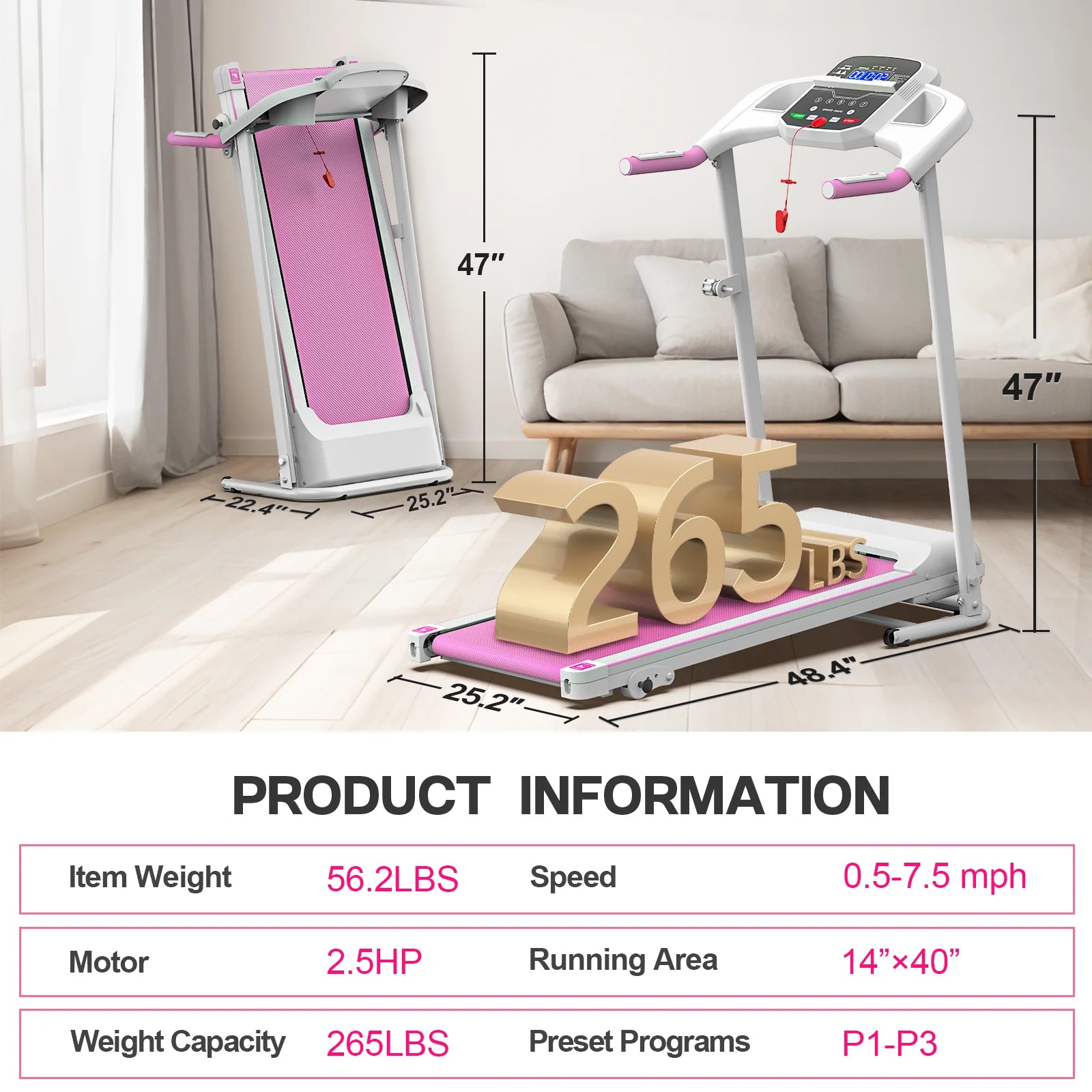 Cinta de correr plegable FYC para el hogar, 2,5 HP, velocidad hasta 12 km/h, motor eléctrico sin escobillas silencioso Proform para gimnasio en casa, tapiz con sensor de frecuencia cardíaca y pantalla LED (rosa)