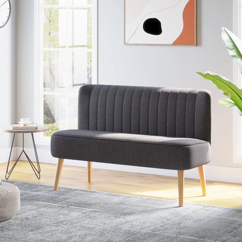 Sofá moderno de lino para 2 plazas, sofá compacto con acolchado y patas de madera, gris