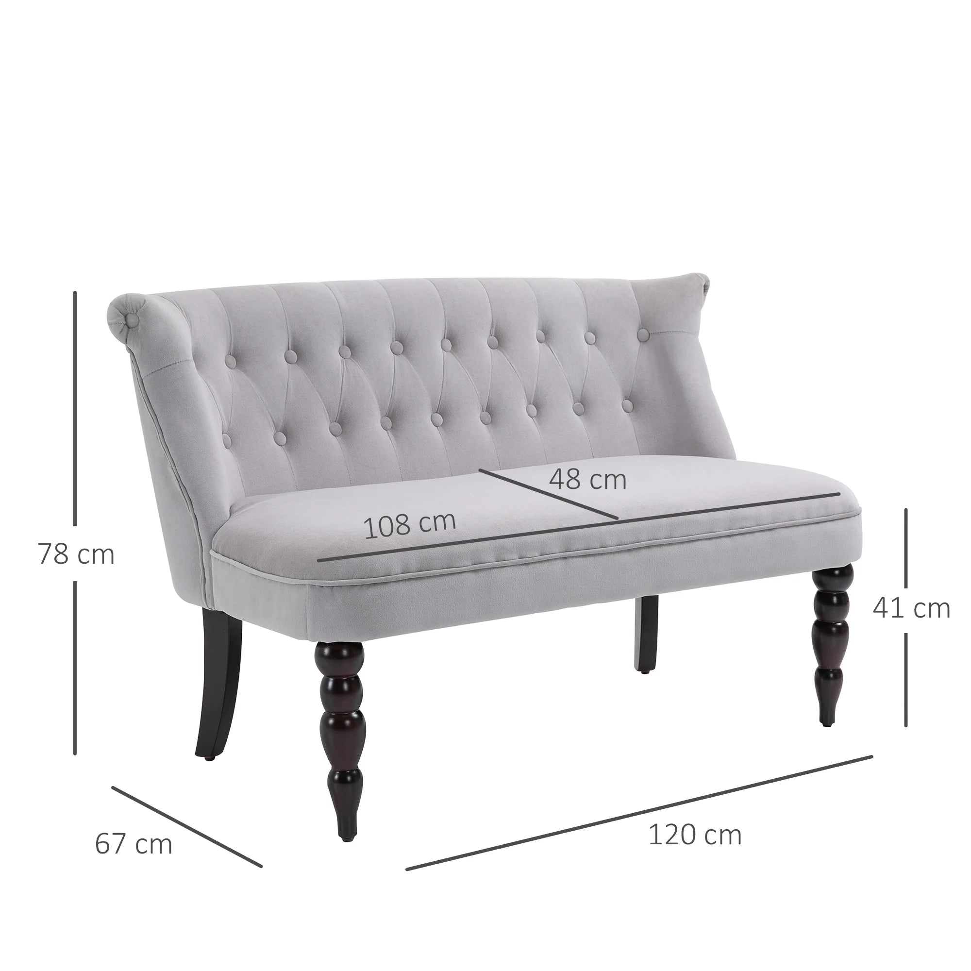 Sofá loveseat vintage, sillón capitoné con patas talladas y marco de madera, gris