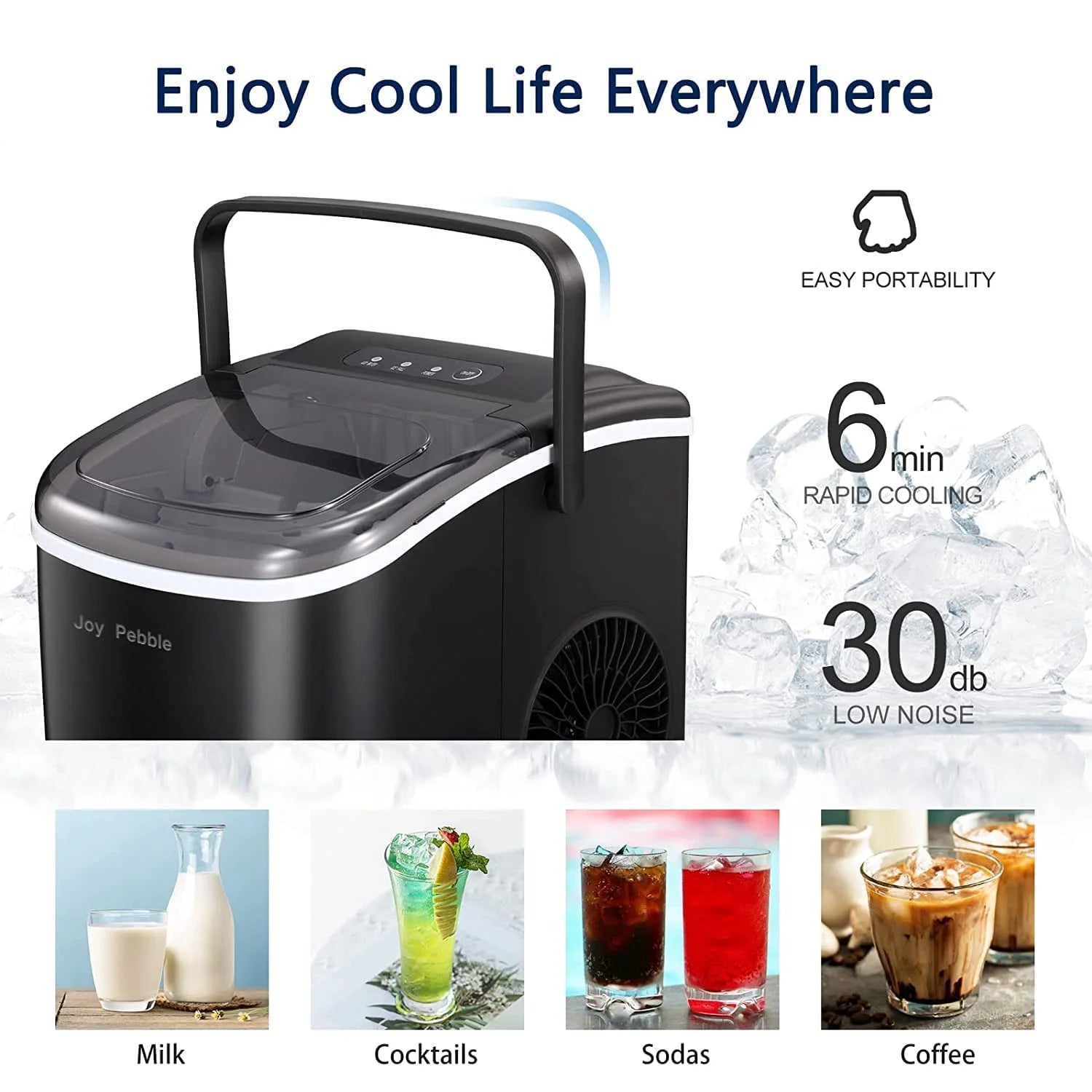 2025 Máquina de hacer hielo de mesa Joy Pebble Bullet con asa, produce 9 cubos de hielo esféricos en 6 minutos, capacidad de 11,8 kg/24 h, máquina portátil con autolimpieza, incluye cesta y pala, ideal para el hogar, cocina, camping y autocaravana.