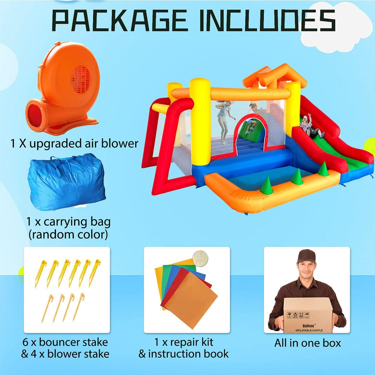 Ballsea Castillo Hinchable con Ventilador, Adecuado para niños de 3 a 10 años, para Interiores, cumpleaños Infantiles (488 x 223 x 220 cm)