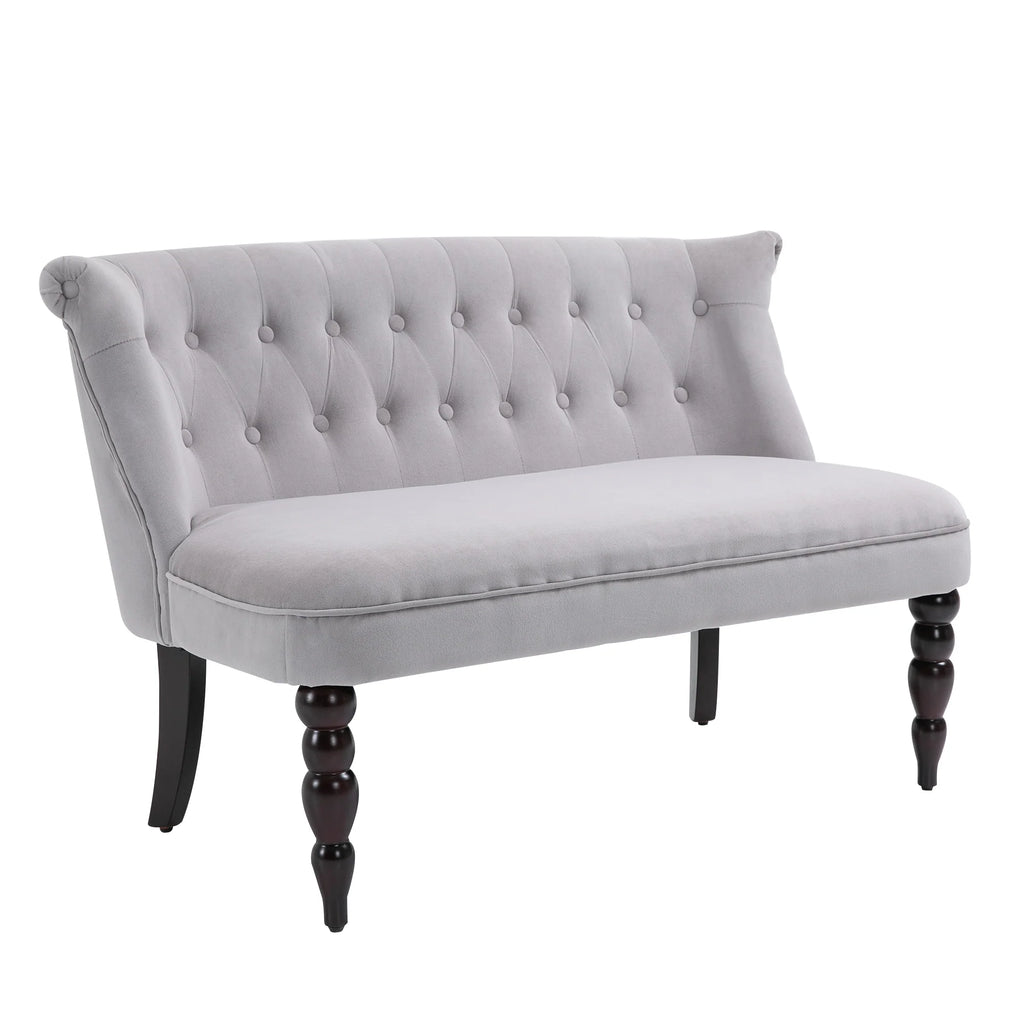 Sofá loveseat vintage, sillón capitoné con patas talladas y marco de madera, gris