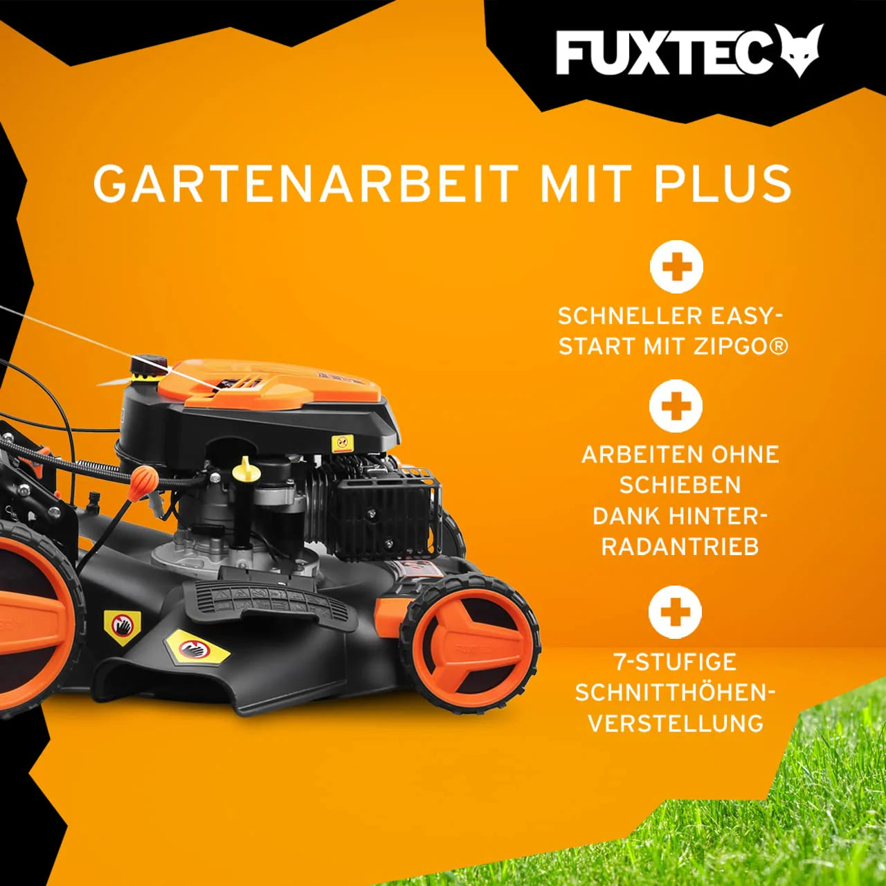 2025 Cortacésped de gasolina 4 en 1 FUXTEC FX-RM5196eS con motor ZIPGO, cortacésped de jardín con función de descarga lateral, ancho de corte 51 cm, motor de 4 tiempos con tracción trasera, ruedas grandes con rodamientos, bolsa de césped 60 L