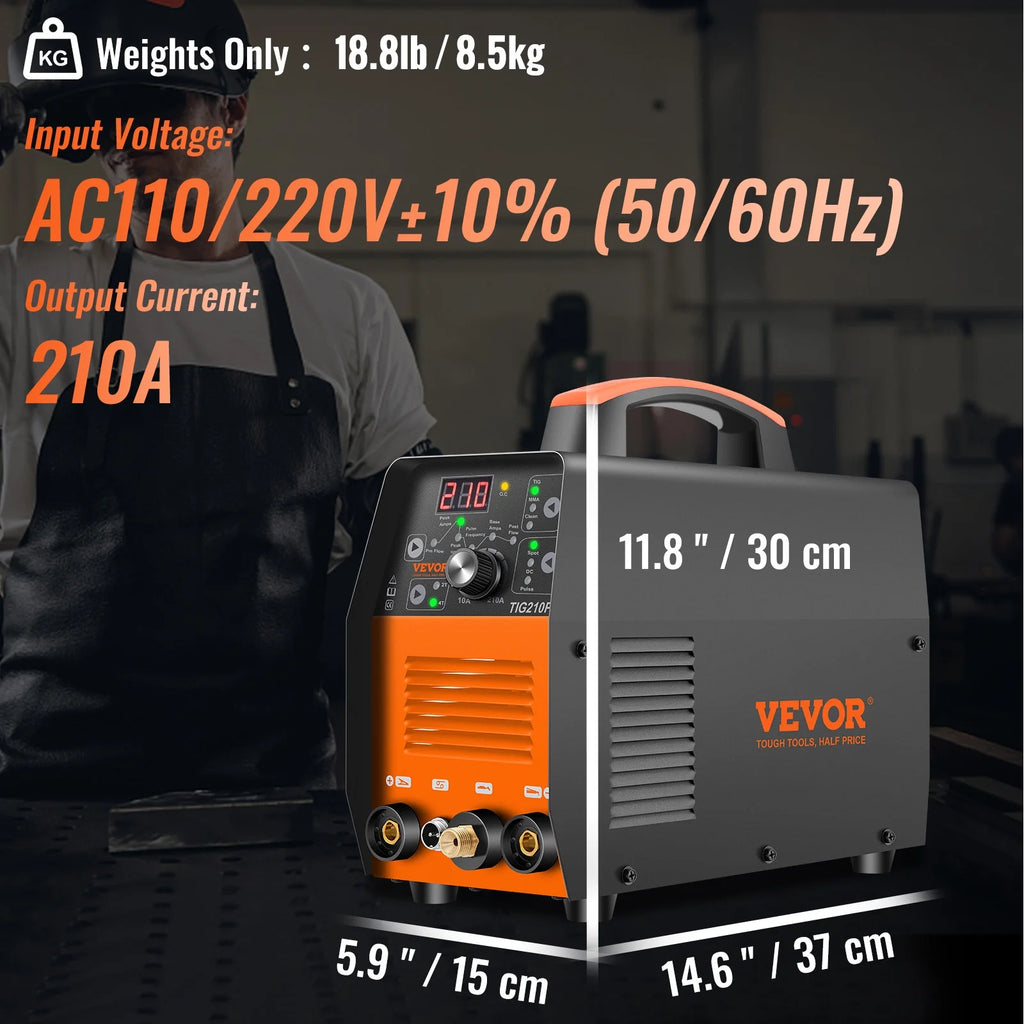 2025 Soldadora TIG VEVOR 210A 110/220V bi-tensión 3-en-1 con pulso, inversor IGBT y antorcha – soldadura TIG/MIG/MMA y limpieza para acero inoxidable, hierro, cobre y níquel