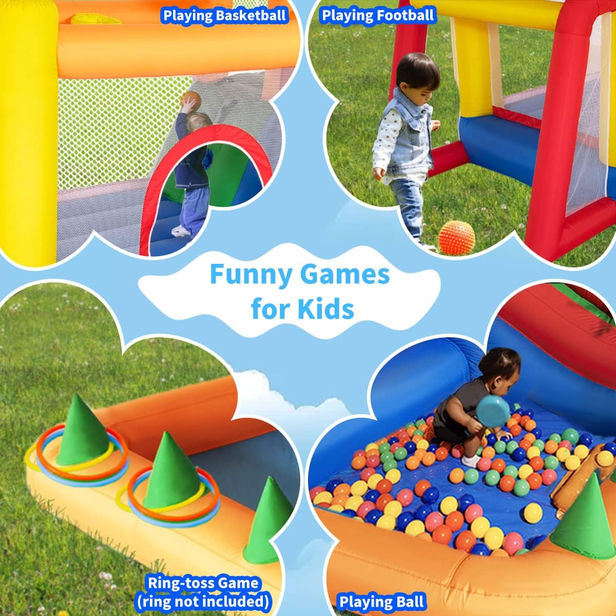 Ballsea Castillo Hinchable con Ventilador, Adecuado para niños de 3 a 10 años, para Interiores, cumpleaños Infantiles (488 x 223 x 220 cm)