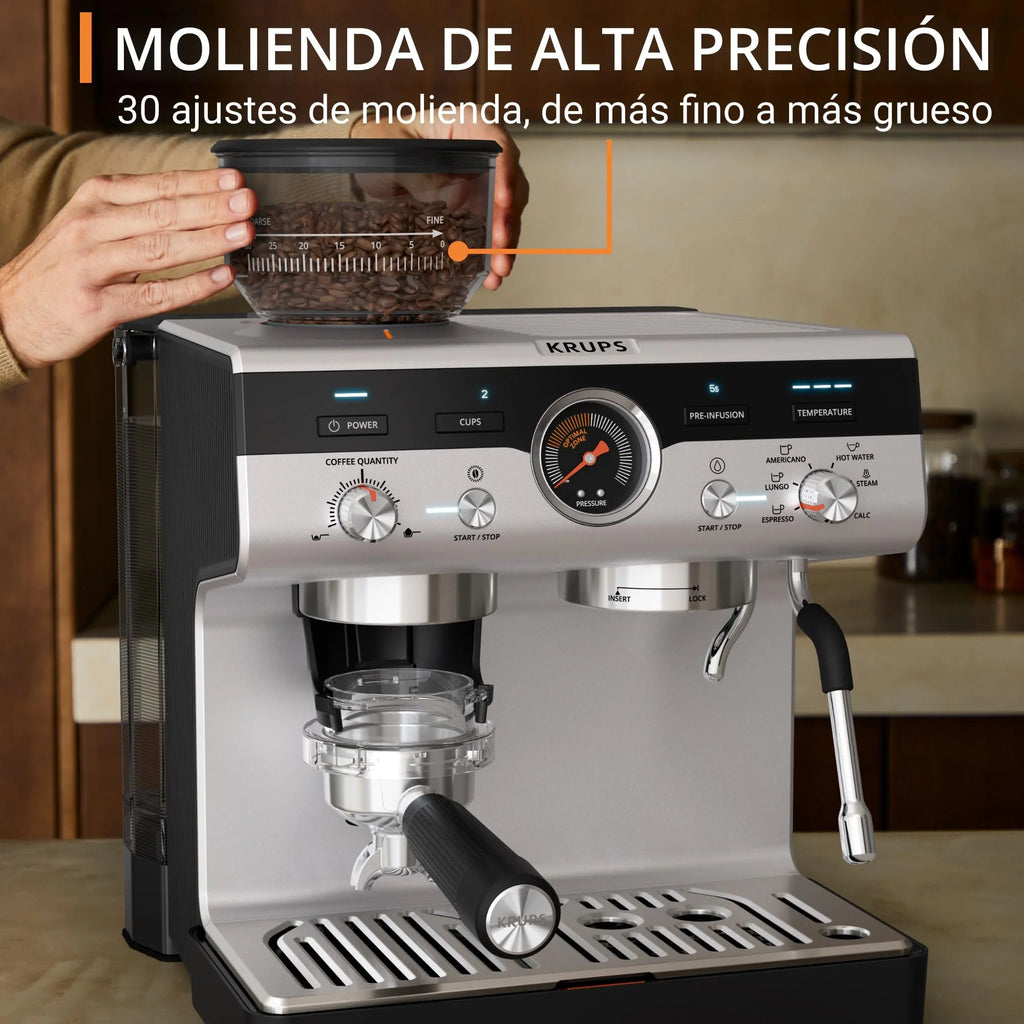 Krups Virtuoso Essential - Cafetera espresso 15 bar, acero inox negro, diseño compacto y elegante, parada automática, espresso y cappuccino, Thermoblock, boquilla de vapor, incluye cuchara, XP4418