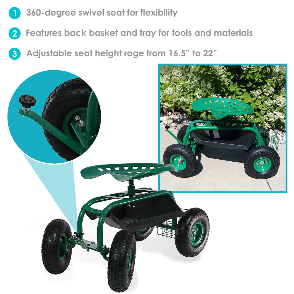 2025 Carrito de Jardín Rodante Sunnydaze con Asiento de Trabajo y Manillar de Dirección