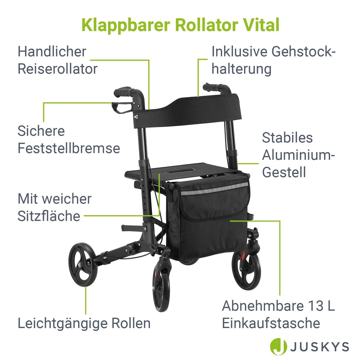 2025 Andador de aluminio Vital con asiento – Ligero, plegable y seguro