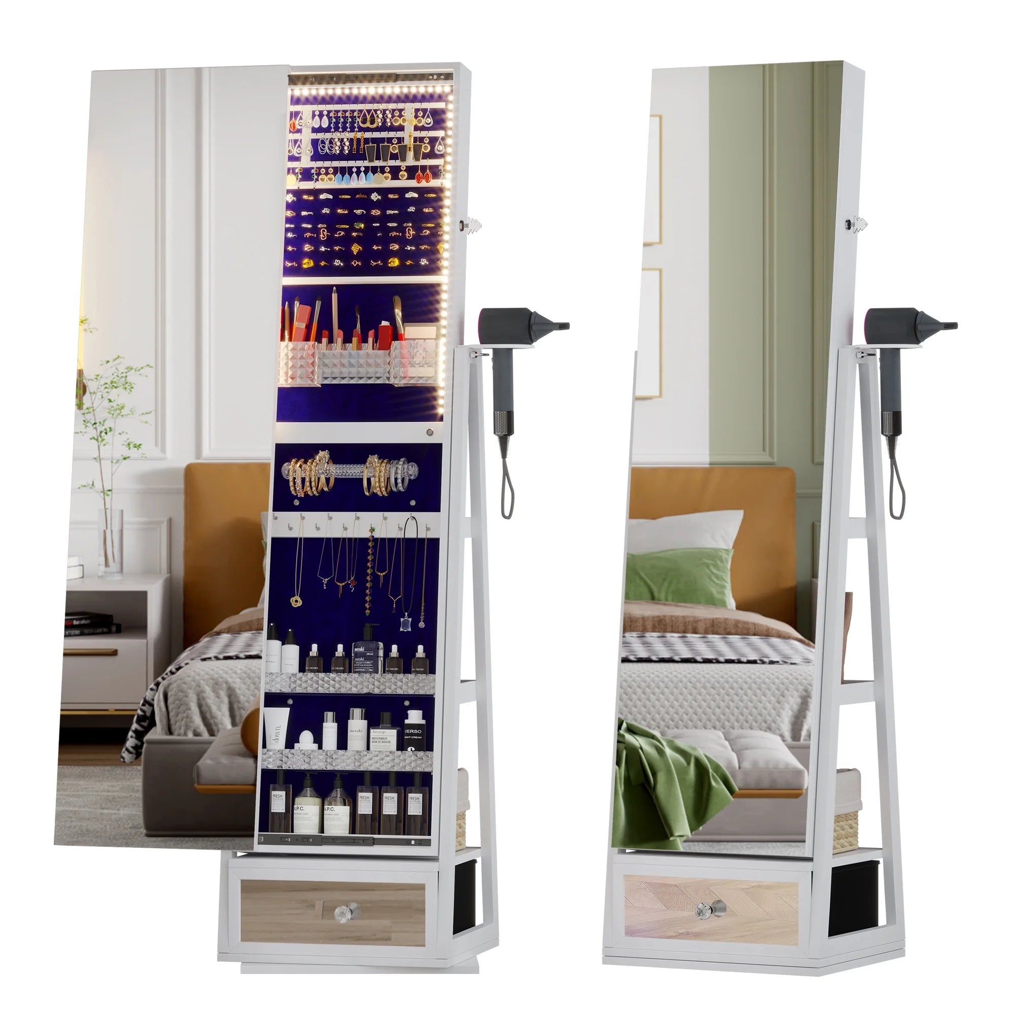 Joyero giratorio 360° LVSOMT con luz - Organizador de pie con espejo de cuerpo entero, cerradura y amplio espacio de almacenamiento - Blanco