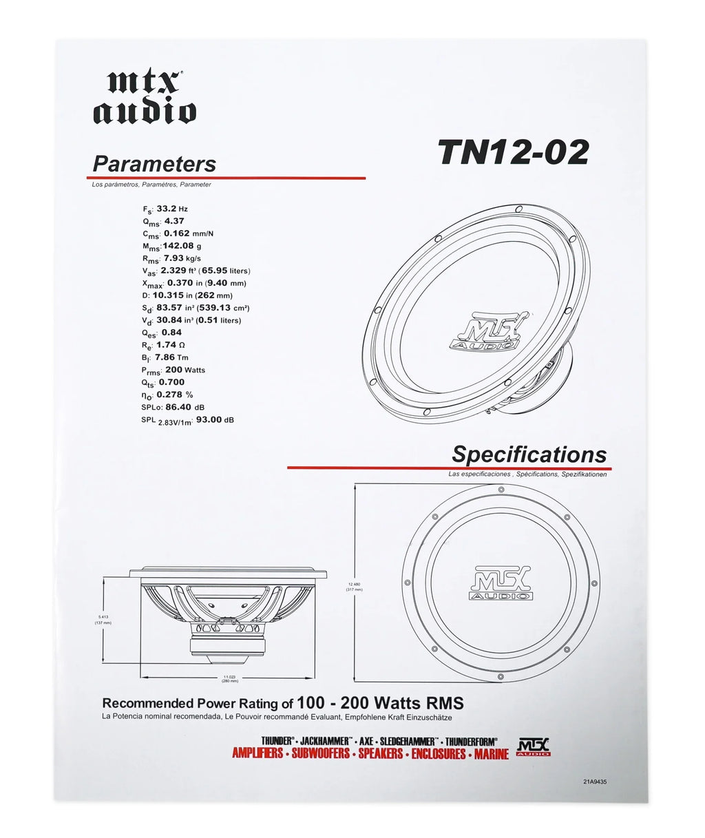 2025 Subwoofer para coche MTX Terminator TN12-02 de 12 pulgadas, 400 Watts, con caja estanca