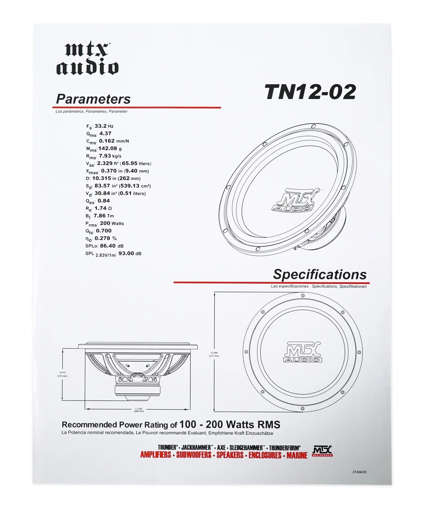 2025 Subwoofer para coche MTX Terminator TN12-02 de 12 pulgadas, 400 Watts, con caja estanca