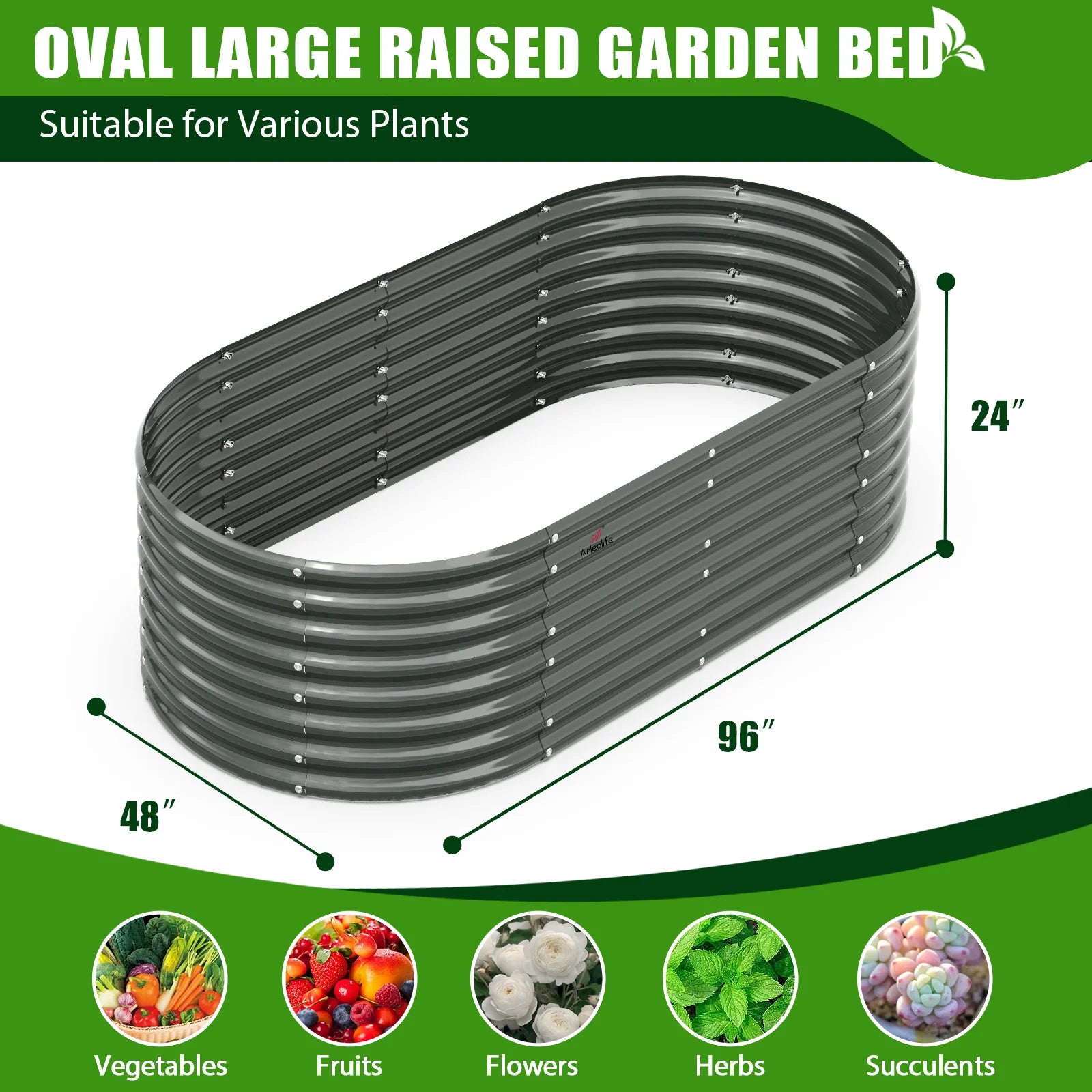 2025 TRAMULL Jardinera elevada en acero galvanizado, 244 x 122 x 60 cm, ovalada, modular, para exterior (Gris cuarzo)