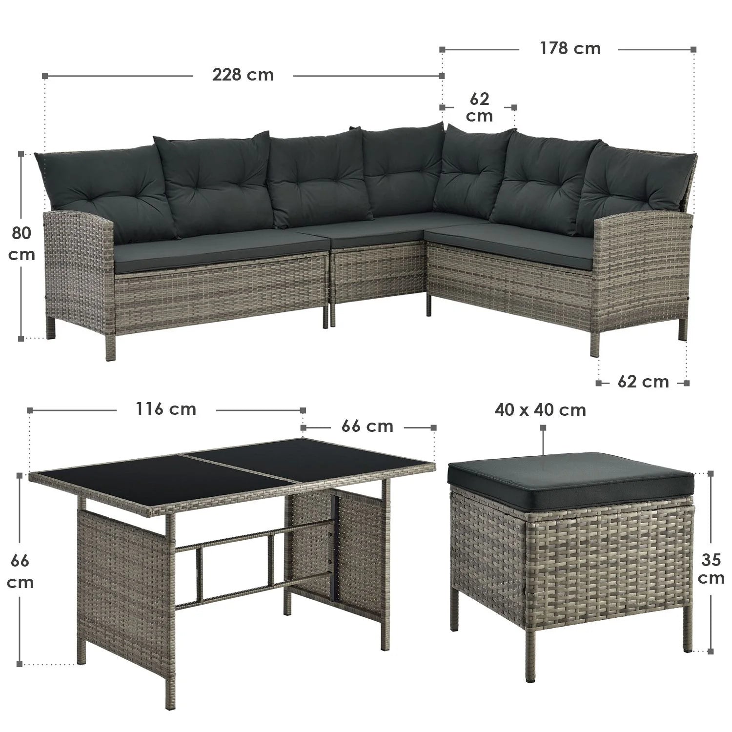 2025 Conjunto de jardín de resina trenzada Manacor negro con mesa, 2 pufs y cojines gris oscuro