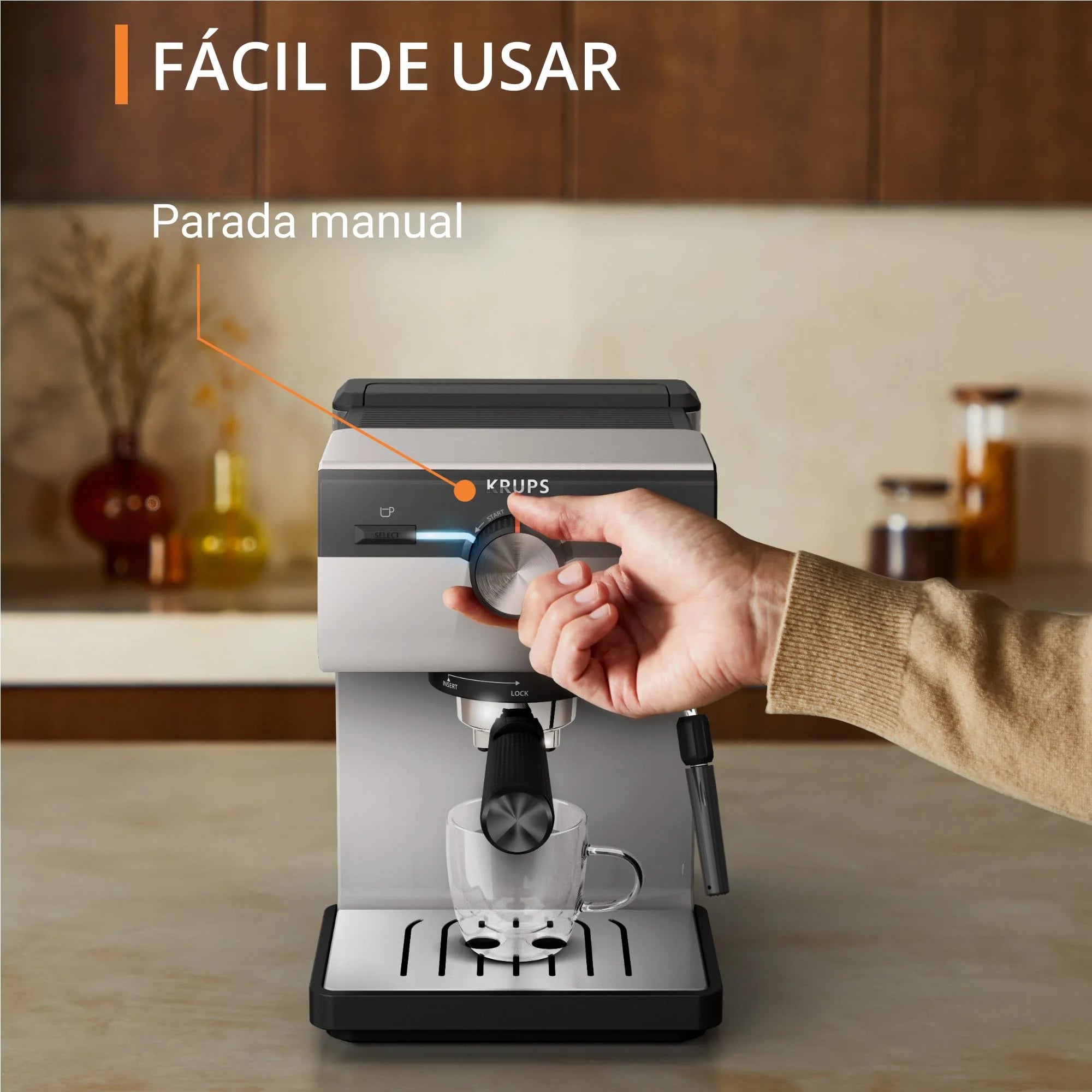 Krups Virtuoso Essential - Cafetera espresso 15 bar, acero inox negro, diseño compacto y elegante, parada automática, espresso y cappuccino, Thermoblock, boquilla de vapor, incluye cuchara, XP4418