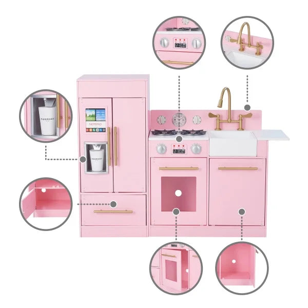 2025 Cocina de Juguete Little Chef Charlotte Moderna para Niños con Refrigerador Independiente, Unidad de Cocina Separada y Características Interactivas, Rosa
