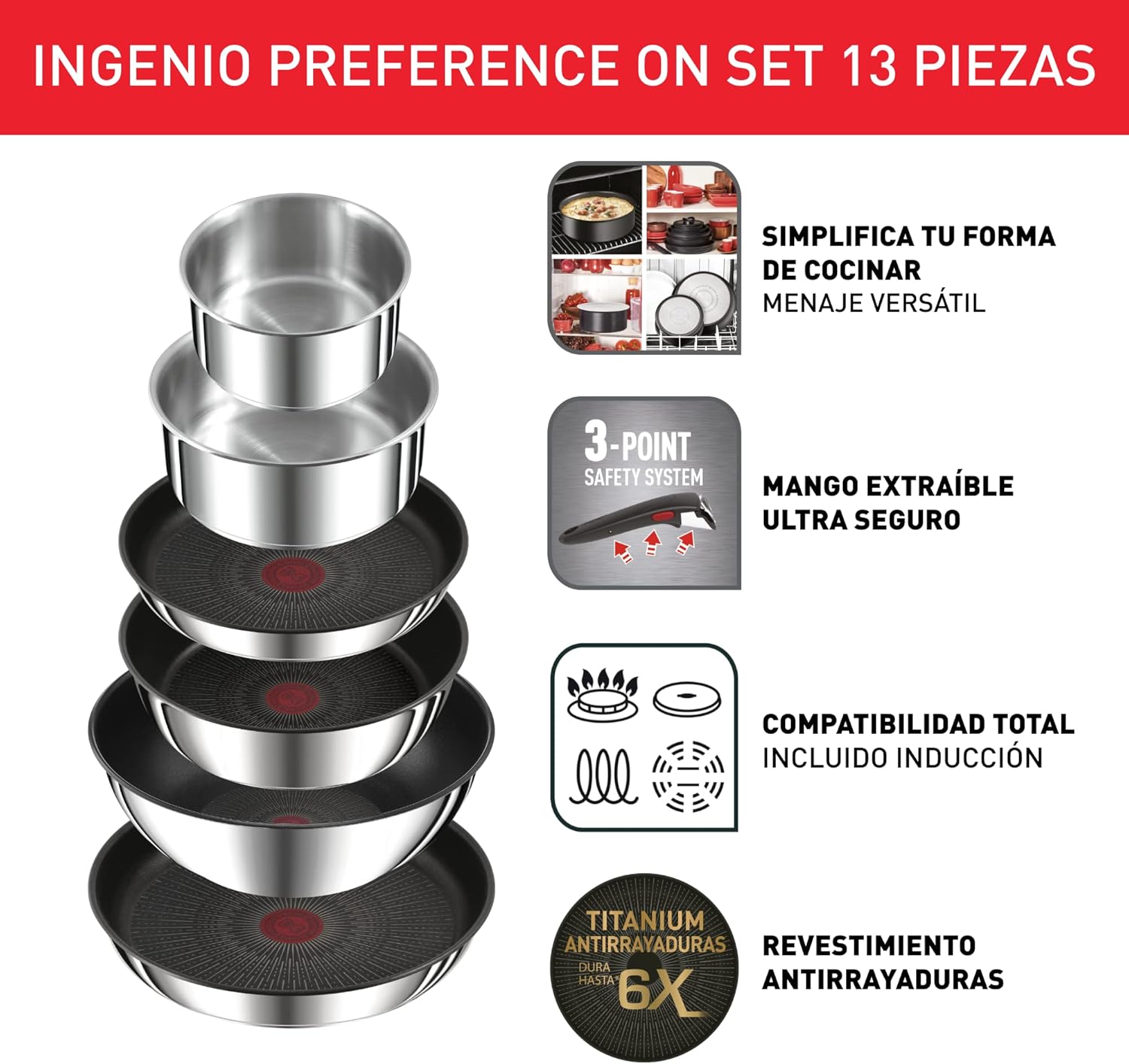 Tefal Ingenio Preference On Set of 2 Frying Pans 24/28 cm + 2 Saucepans 16/20 cm + 24 cm Pot + 26 cm Wok + 2 Removable Handles + 5 Accessories | Induction Safe, Non-Stick, PFOA Free
