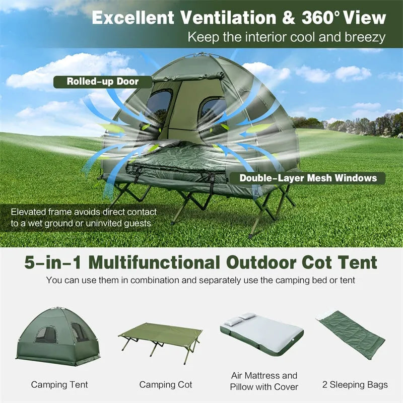 Tienda de Campaña 5 en 1 para 2 Personas con Cama Plegable, Colchón Inflable, Saco de Dormir y Parasol UV