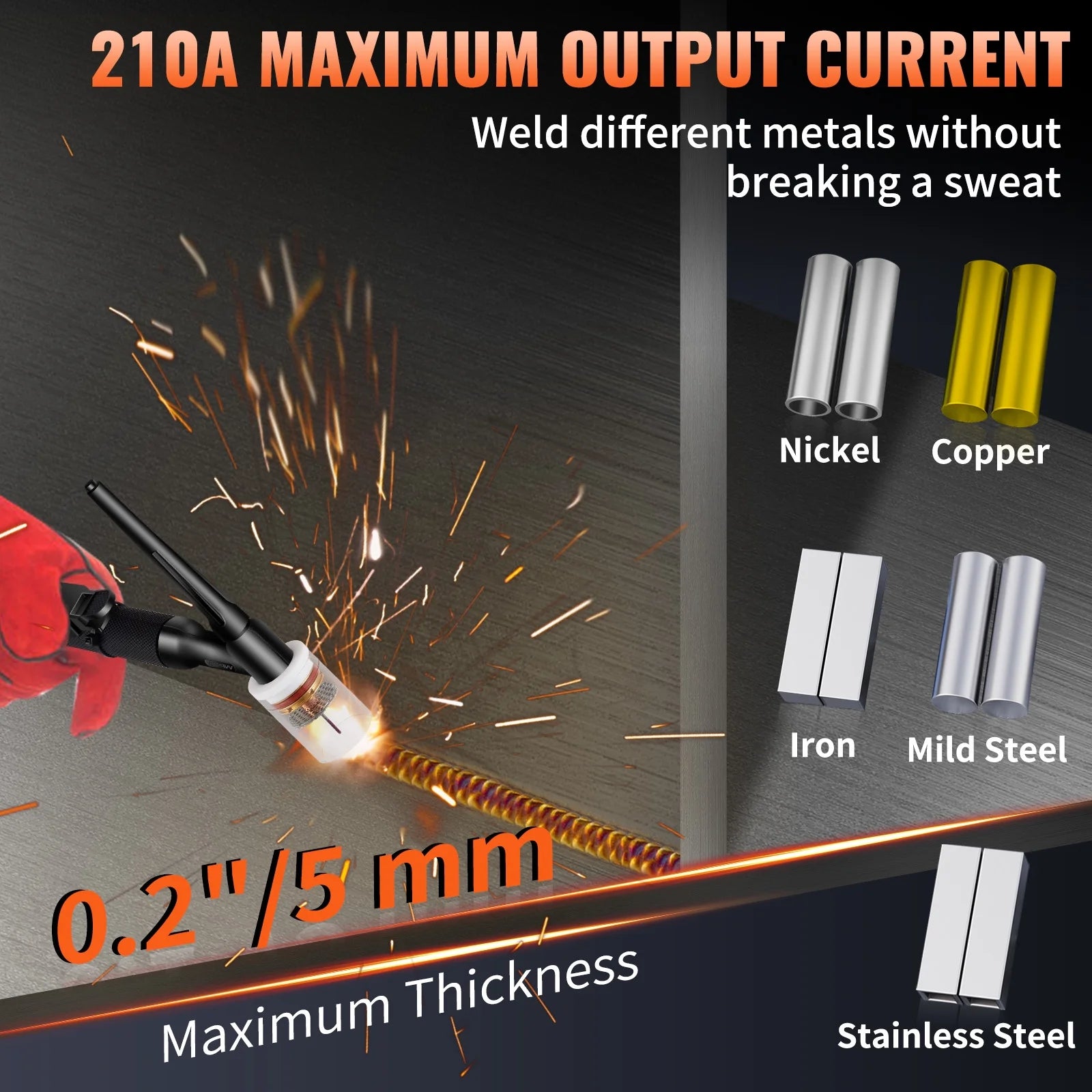 2025 Soldadora TIG VEVOR 210A 110/220V bi-tensión 3-en-1 con pulso, inversor IGBT y antorcha – soldadura TIG/MIG/MMA y limpieza para acero inoxidable, hierro, cobre y níquel