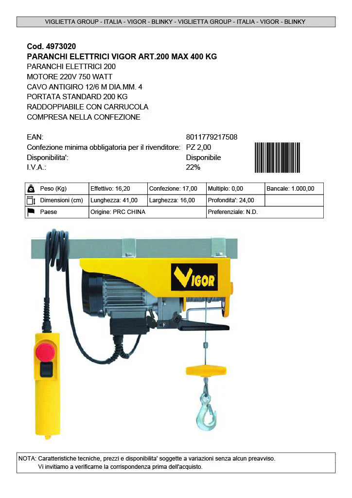 2025 Cabrestante eléctrico 750W 200 kg - Vigor