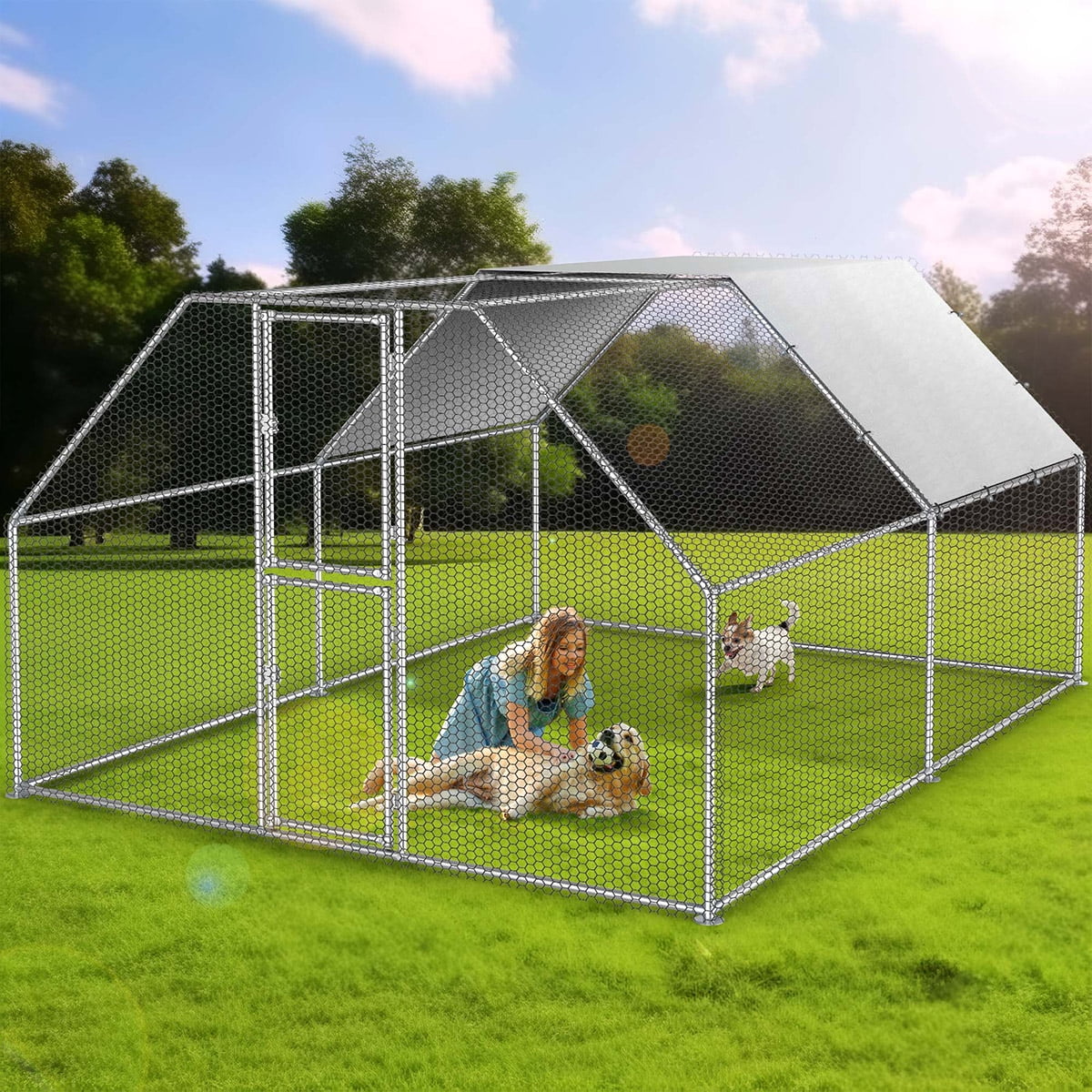2025 Cercado para gallinas Dextrus 40 x 30 x 2 m – gran gallinero metálico en forma de flecha, con acceso a la perrera, jaula para aves exterior con cubierta impermeable y malla, para jardín y espacios exteriores.