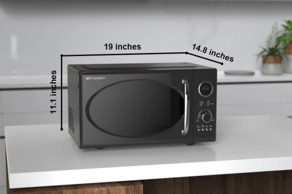 2025 Microondas retro negro Emerson 0,9 pies³ 800 W con función grill, modelo MWRG0901BK.