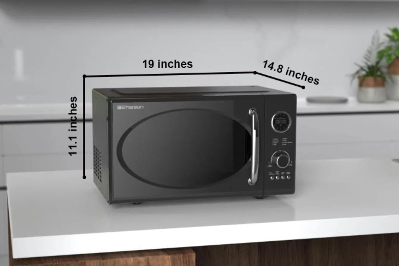 2025 Microondas retro negro Emerson 0,9 pies³ 800 W con función grill, modelo MWRG0901BK.