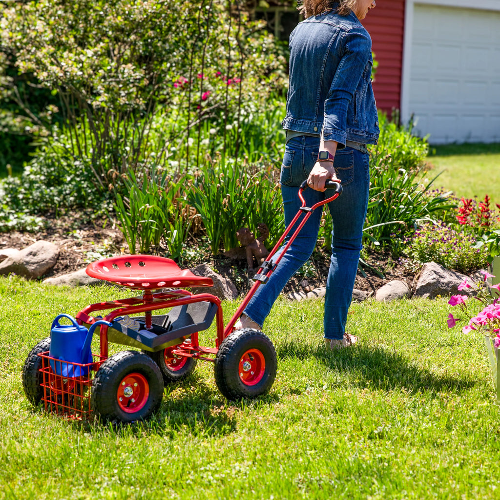 2025 Carrito de Jardín Rodante Sunnydaze con Asiento Giratorio y Manillar de Dirección