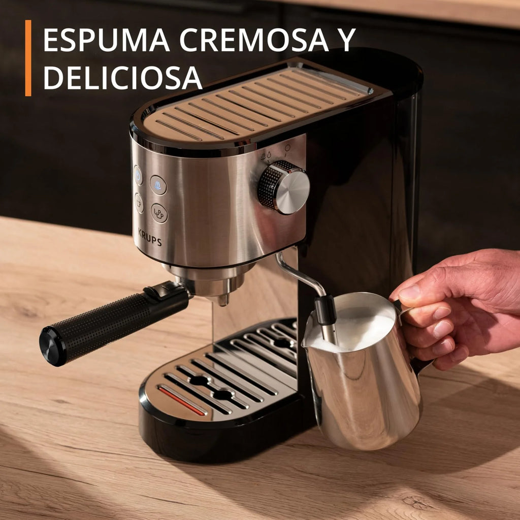 Krups Virtuoso Essential - Cafetera espresso 15 bar, acero inox negro, diseño compacto y elegante, parada automática, espresso y cappuccino, Thermoblock, boquilla de vapor, incluye cuchara, XP4418