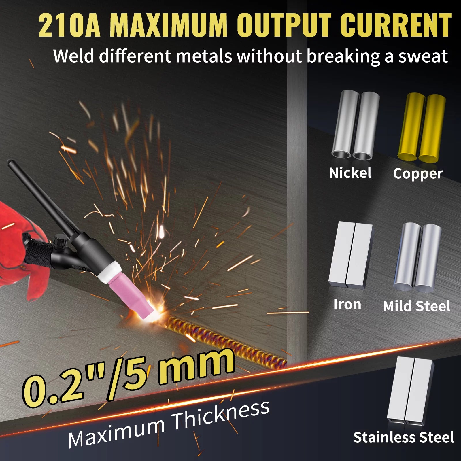 2025 Soldadora TIG VEVOR 210A 3-en-1, bi-tensión 110/220V, modos HF TIG / MMA / limpieza con USB, inversor IGBT y antorcha, máquina de arco digital para acero inoxidable, hierro, acero estructural, cobre y níquel