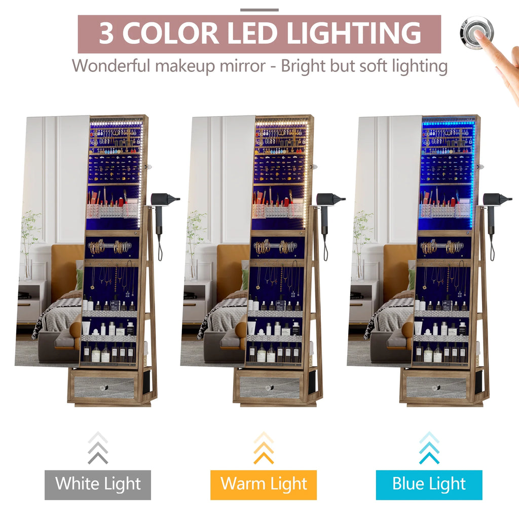 Joyero giratorio de 360° con espejo, luces LED y cerradura – Color marrón