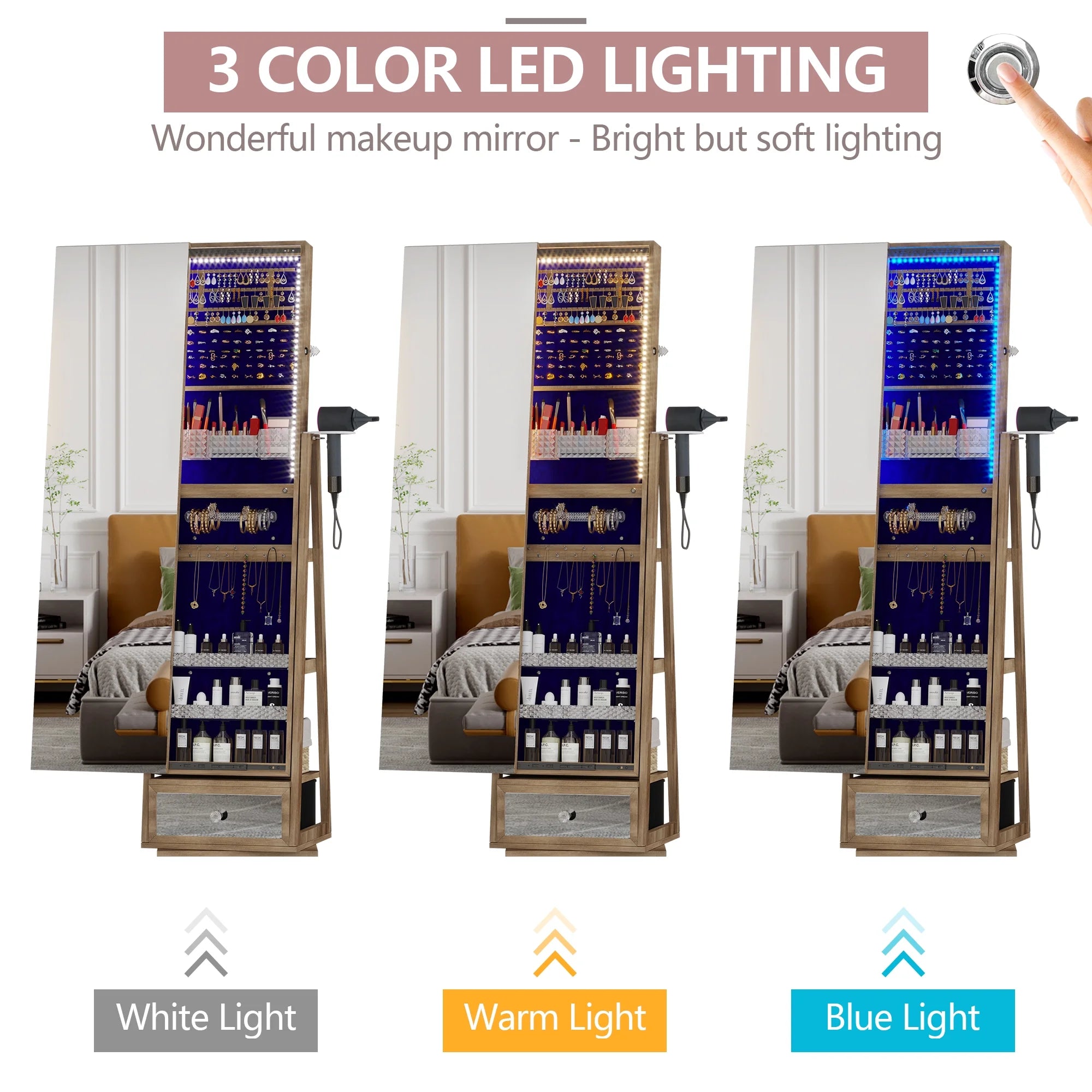 Joyero giratorio de 360° con espejo, luces LED y cerradura – Color marrón