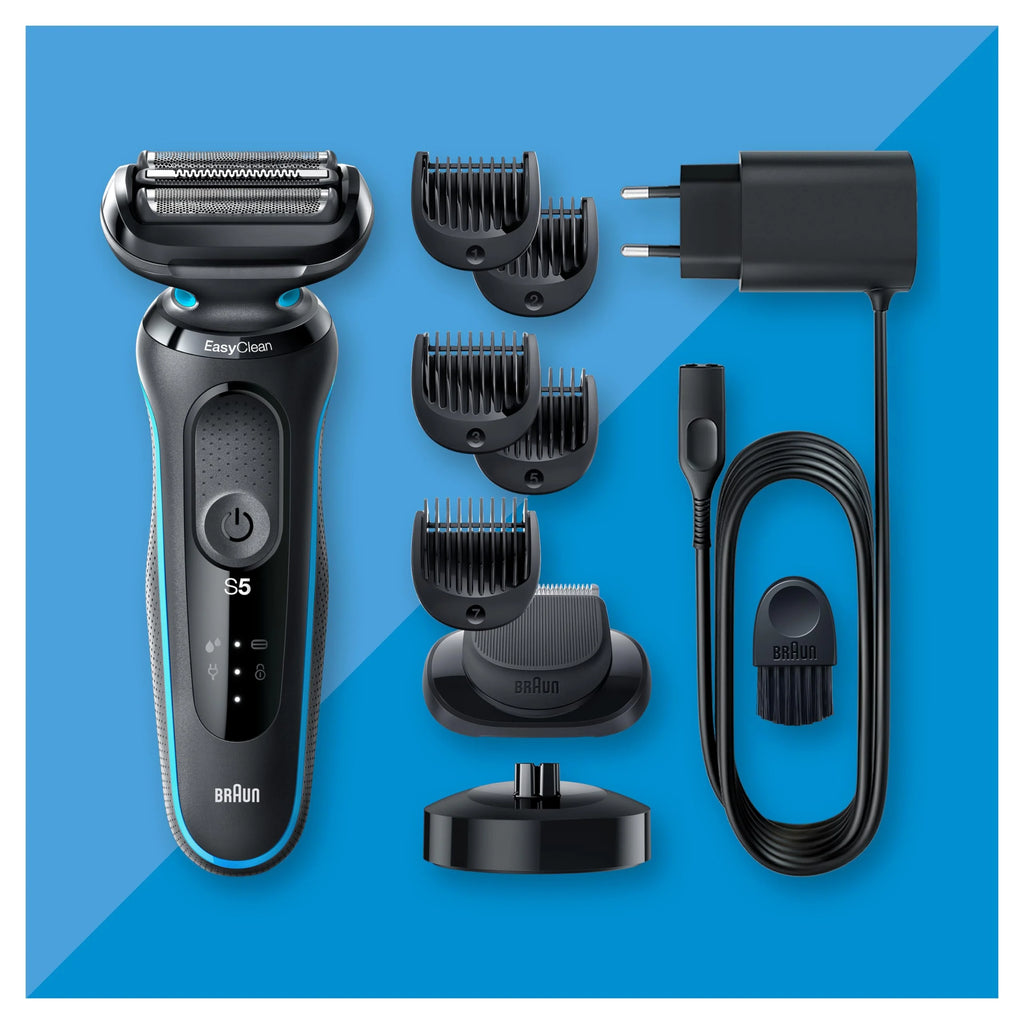 Braun Series 5 Afeitadora Eléctrica Hombre, Máquina de Afeitar Barba con Cabezal y Cuchillas Flexibles, Accesorio Cortabarba Incluido y Base De Carga, Impermeable y Recargable, 51-M4500cs, Gris/Azul