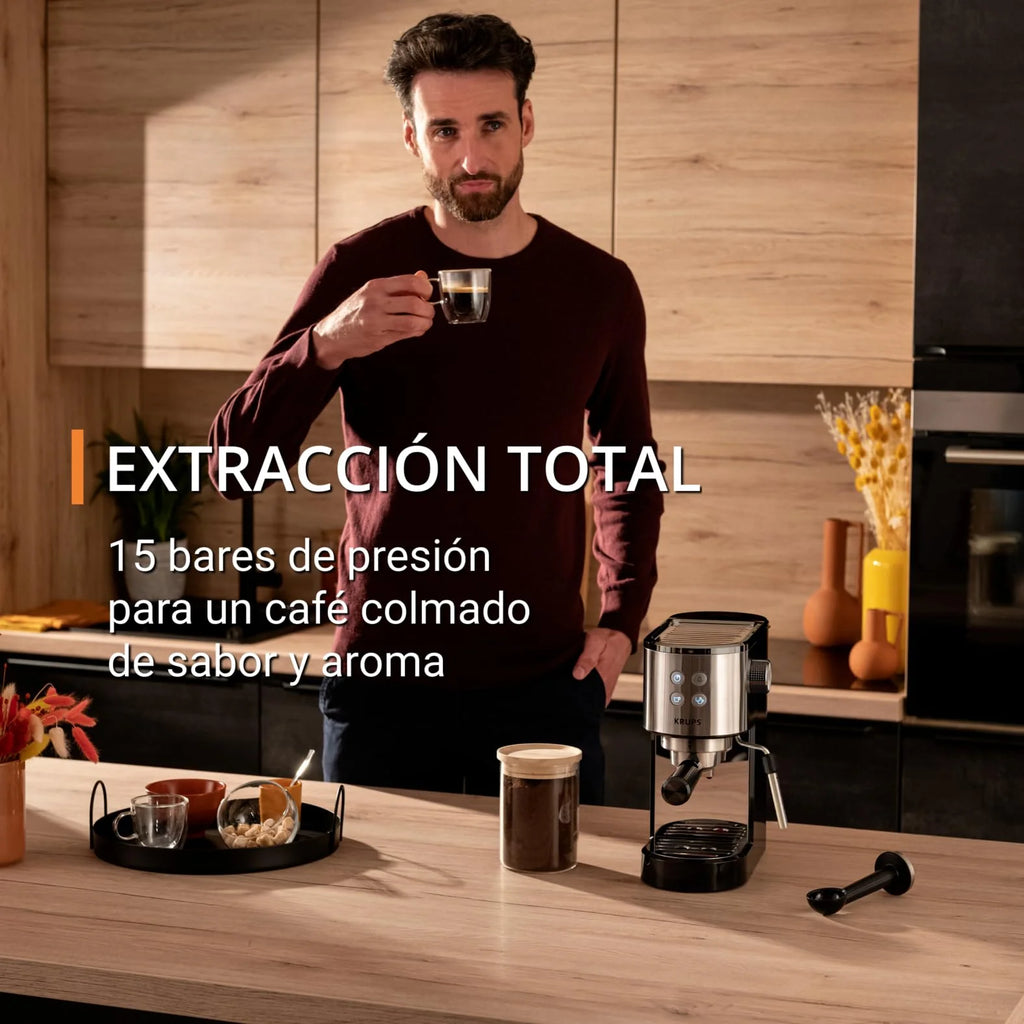 Krups Virtuoso Essential - Cafetera espresso 15 bar, acero inox negro, diseño compacto y elegante, parada automática, espresso y cappuccino, Thermoblock, boquilla de vapor, incluye cuchara, XP4418