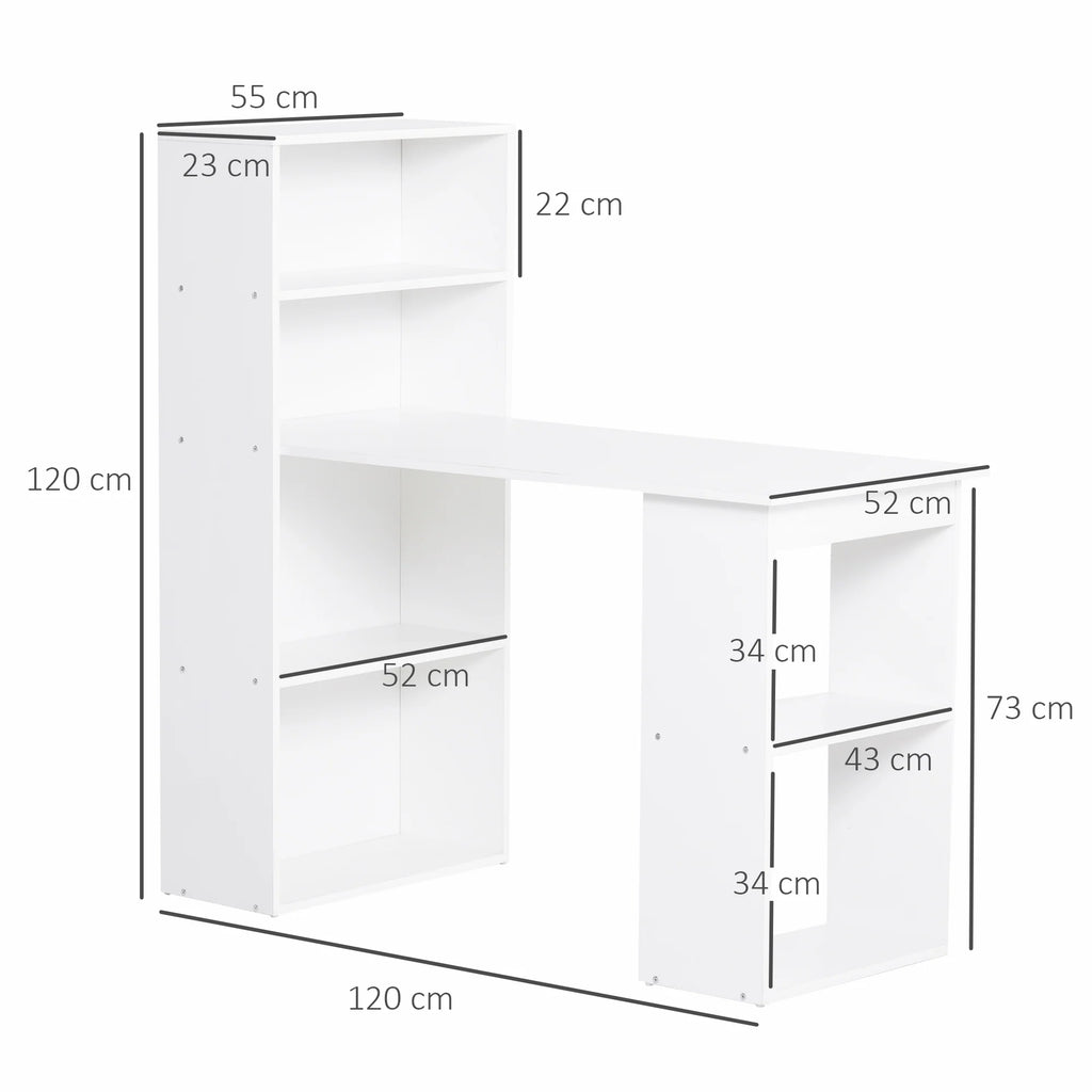 Escritorio de Ordenador Moderno de 120 cm con Estantería, Mesa de Estudio y Estación de Trabajo con 6 Estantes, Blanco