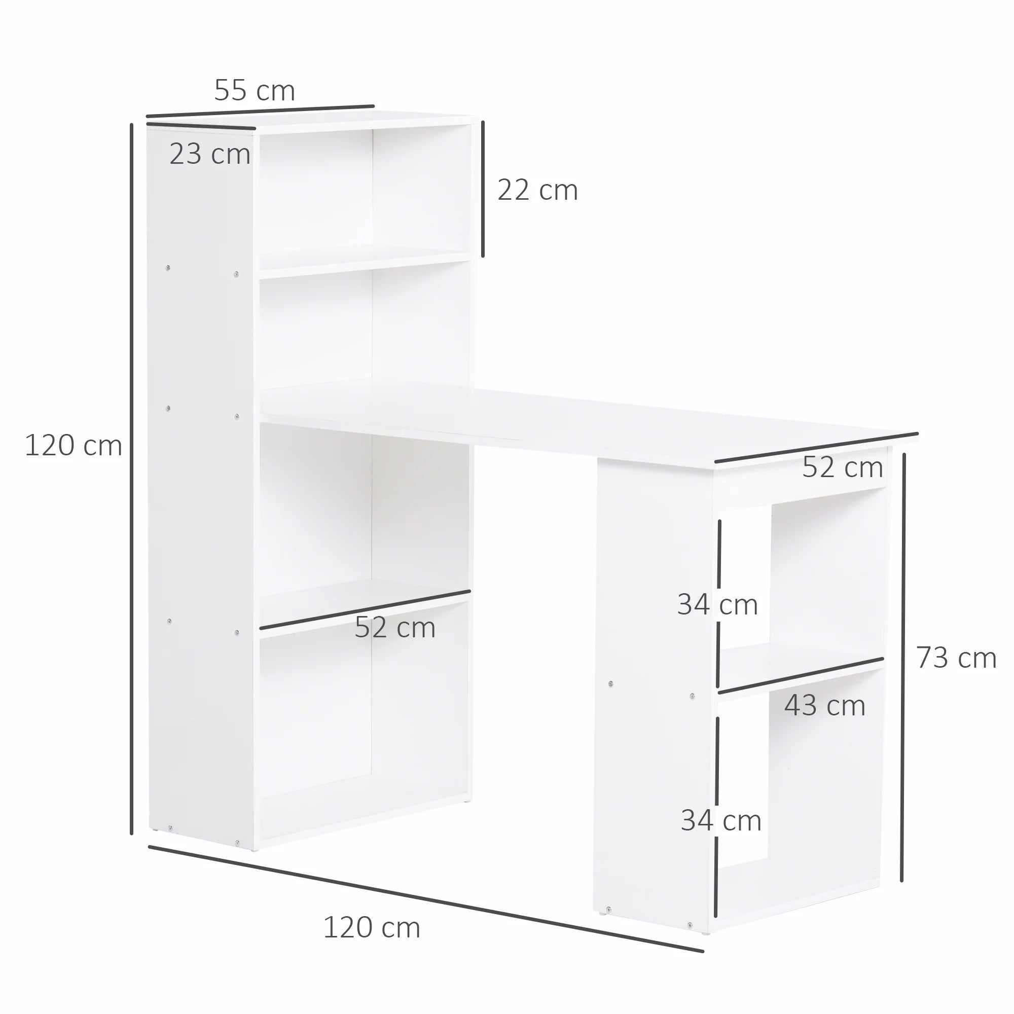 Escritorio de Ordenador Moderno de 120 cm con Estantería, Mesa de Estudio y Estación de Trabajo con 6 Estantes, Blanco