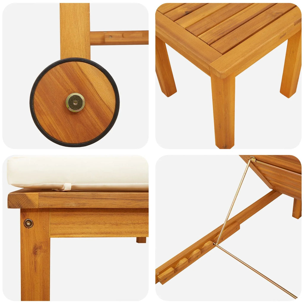 2025 Tumbonas 2 pcs con Mesa y Cojines de Madera Maciza de Acacia, Tumbona con Cojines Crema de Madera Maciza de Acacia, Mesa Lateral de Jardín 35x35x34 cm de Madera Maciza de Acacia V8526