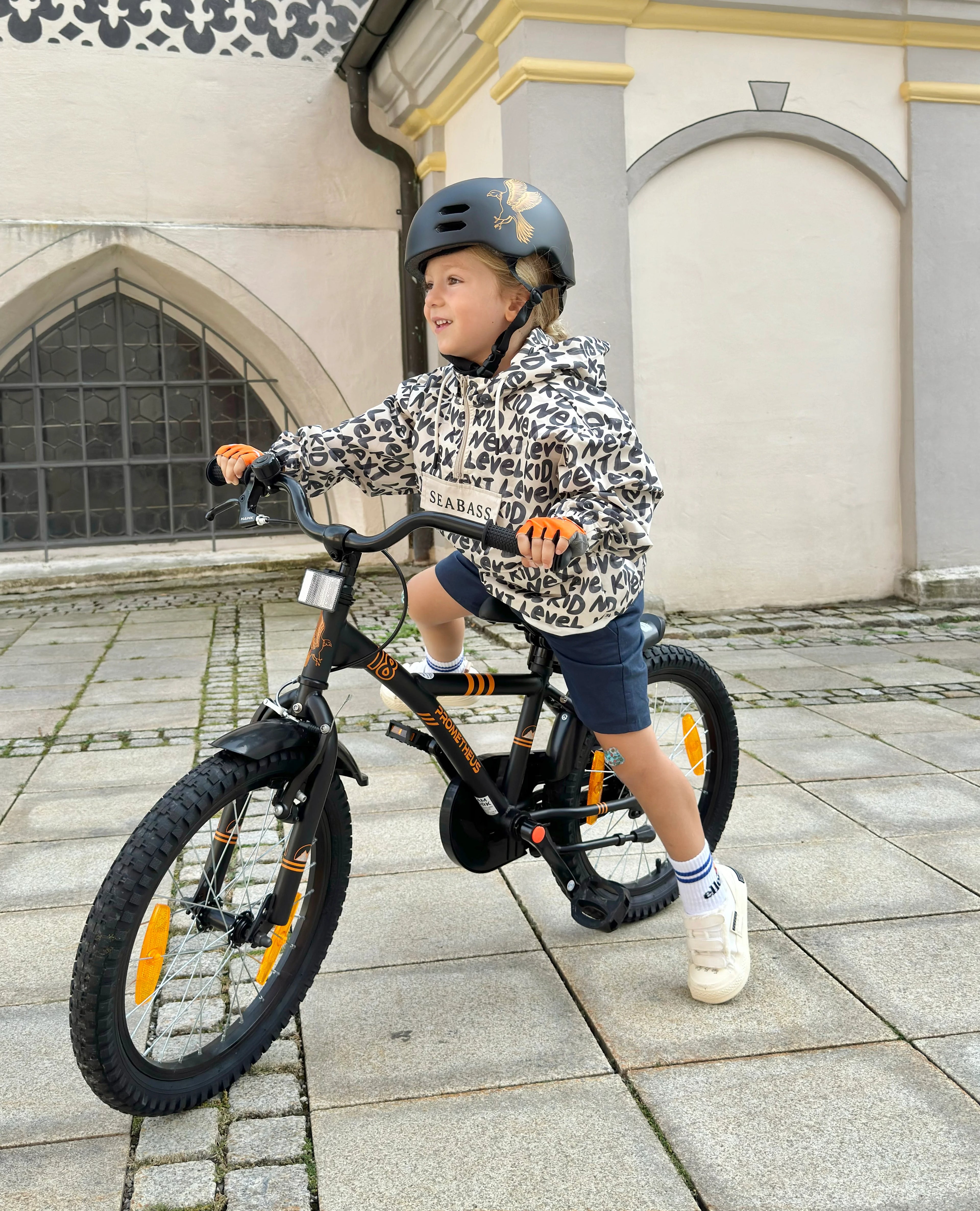 2025 Bicicleta Infantil de 18 Pulgadas, Negro Mate y Naranja, desde 5 Años