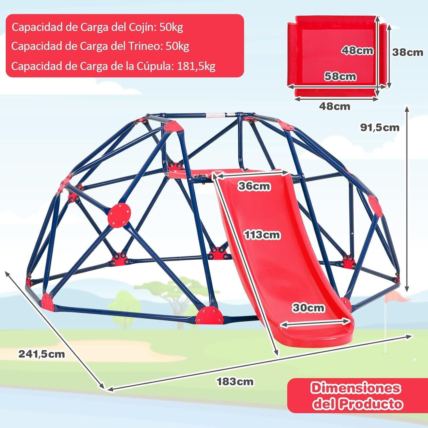 Cúpula De Escalada, Juego De Cúpula Geométrica Con Tobogán Resistente, Costway 242 X 183 X 92cm Multicolor