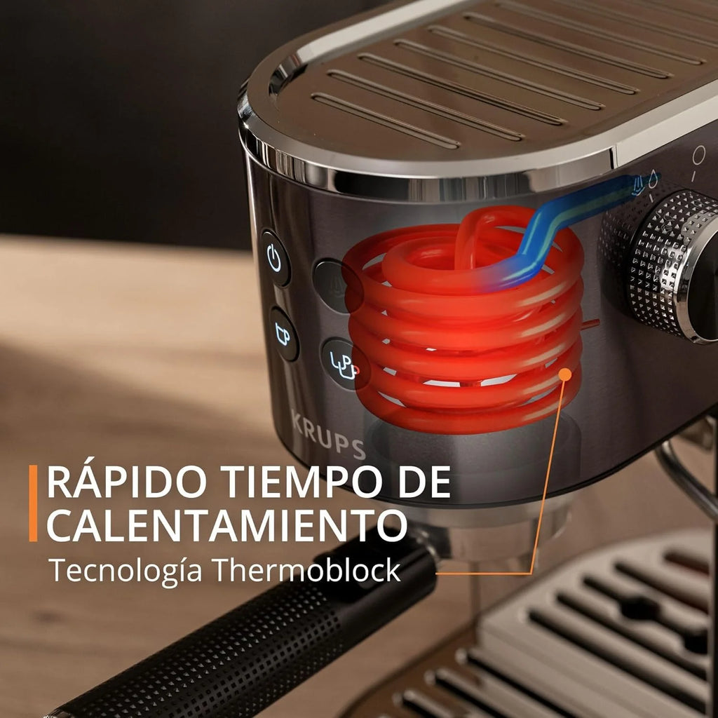 Krups Virtuoso Essential - Cafetera espresso 15 bar, acero inox negro, diseño compacto y elegante, parada automática, espresso y cappuccino, Thermoblock, boquilla de vapor, incluye cuchara, XP4418