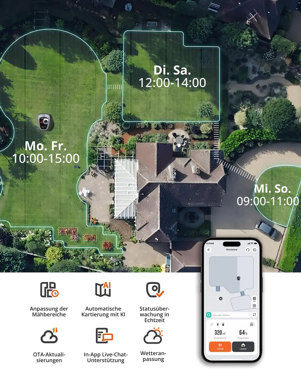 2025 Robot cortacésped Navimow i105E sin cable de delimitación, recomendado para 500 m², máximo 600 m², ganador de pruebas RTK+Vision, protección para erizos, cartografía automática con IA, delimitación virtual, multi-zonas