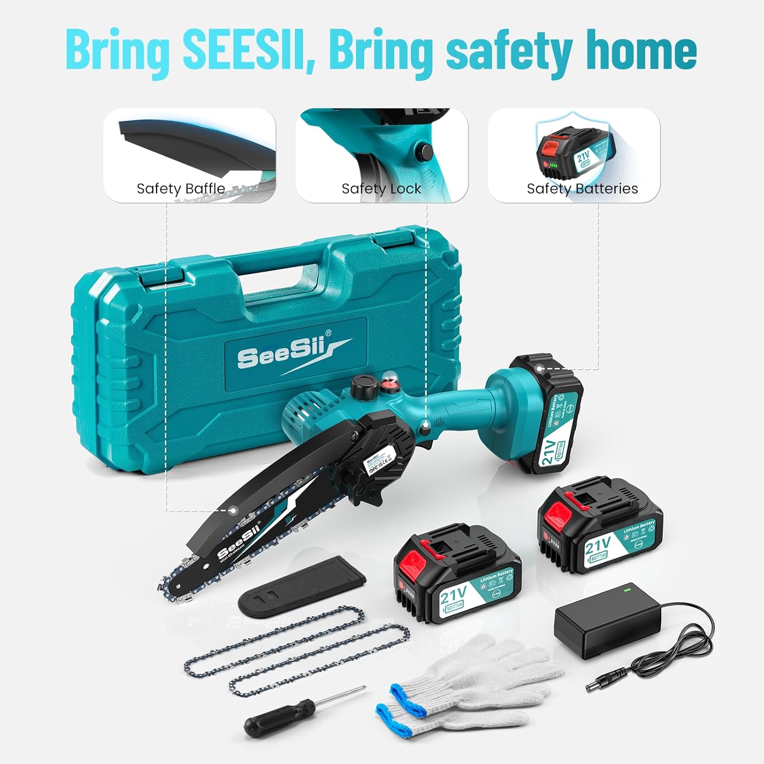 SEESII 2-in-1 Cordless Chain Saw and Mini Chainsaw with 2 4000mAh Batteries, 8 Inch Brushless Chainsaw with Telescopic Pole, Extendable up to 15 Feet for Tree Pruning