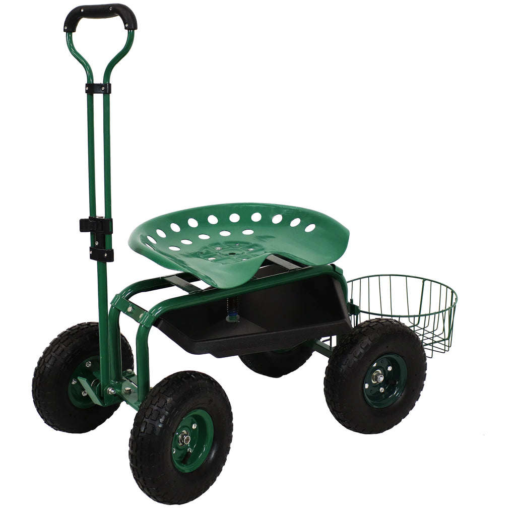2025 Carrito de Jardín Rodante Sunnydaze con Asiento Giratorio, Manillar y Cesta