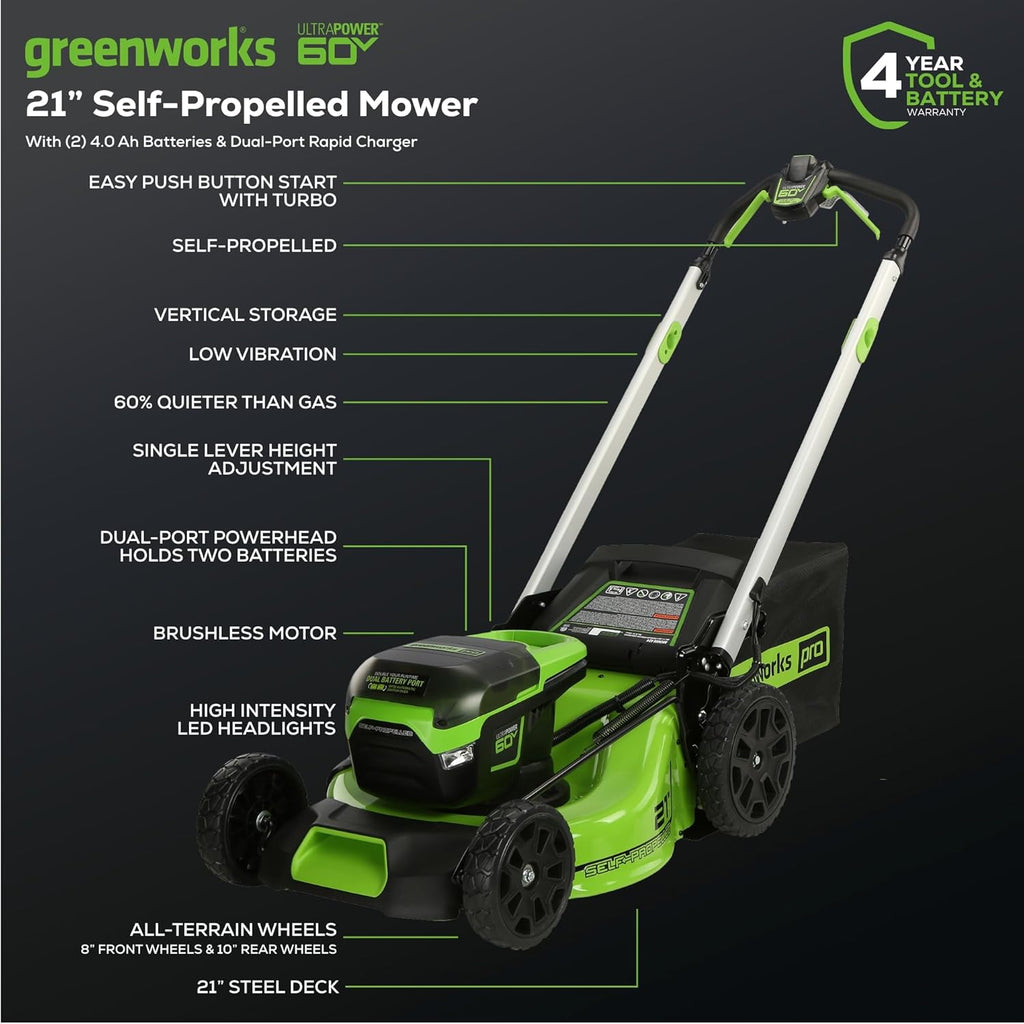 2025 Cortacésped inalámbrico Greenworks 60V 21″ (autopropulsado) con 2 baterías de 4,0 Ah y cargador rápido de doble puerto