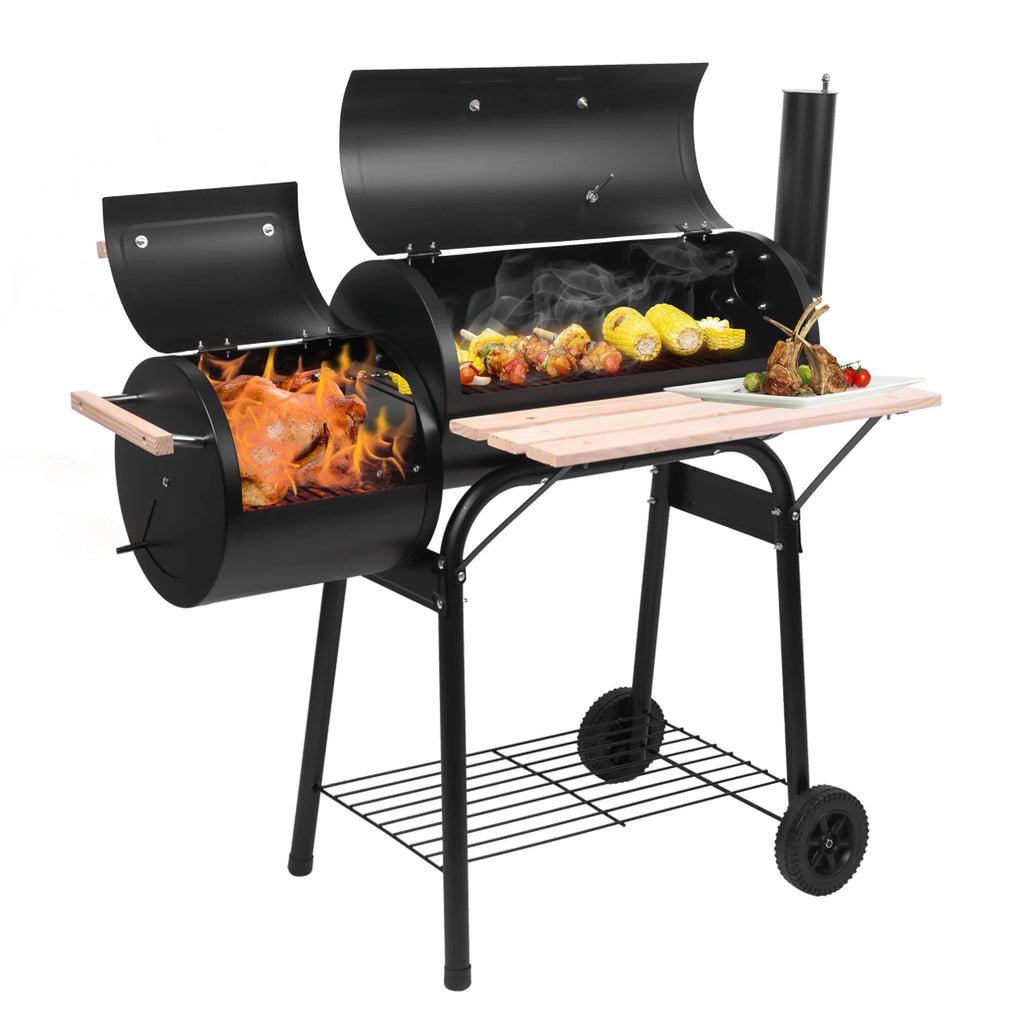 Parrilla portátil de carbón UBesGoo con ahumador lateral de acero para camping, negra.