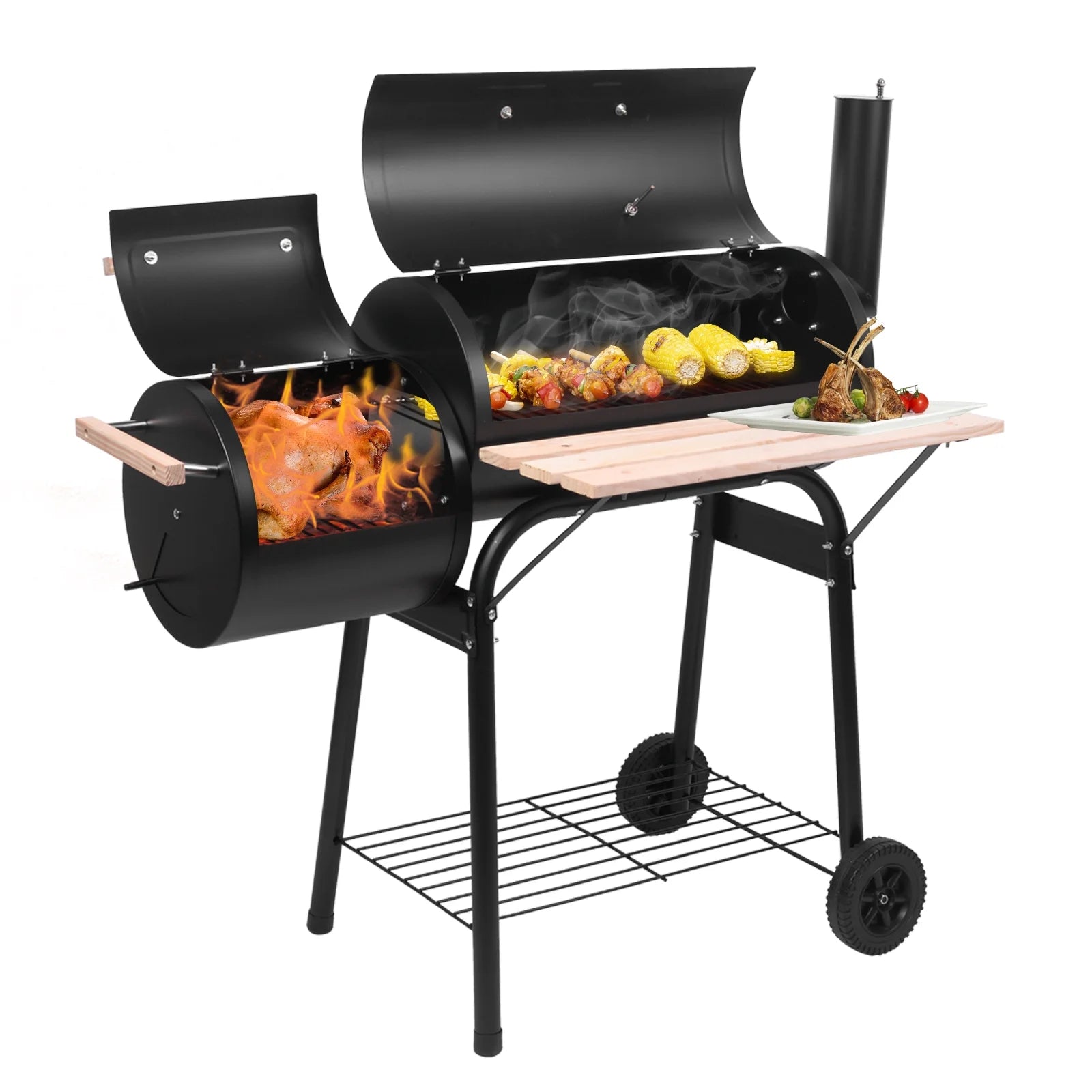 Parrilla portátil de carbón UBesGoo con ahumador lateral de acero para camping, negra.