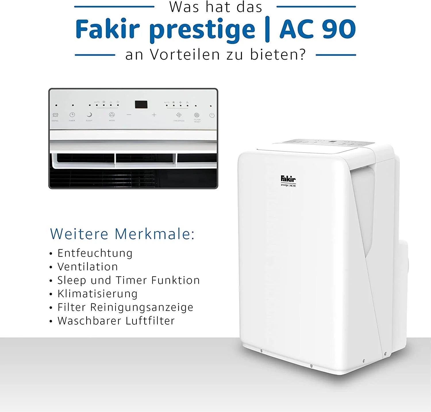 2025 Fakir Prestige AC 90 – Aire Acondicionado Móvil | Enfriador de Aire con 3 Modos de Viento + Función Automática, Temporizador y Control Remoto | Ventilador Auxiliar para Estancias de Hasta 85 m³ | Blanco | 2600 Vatios