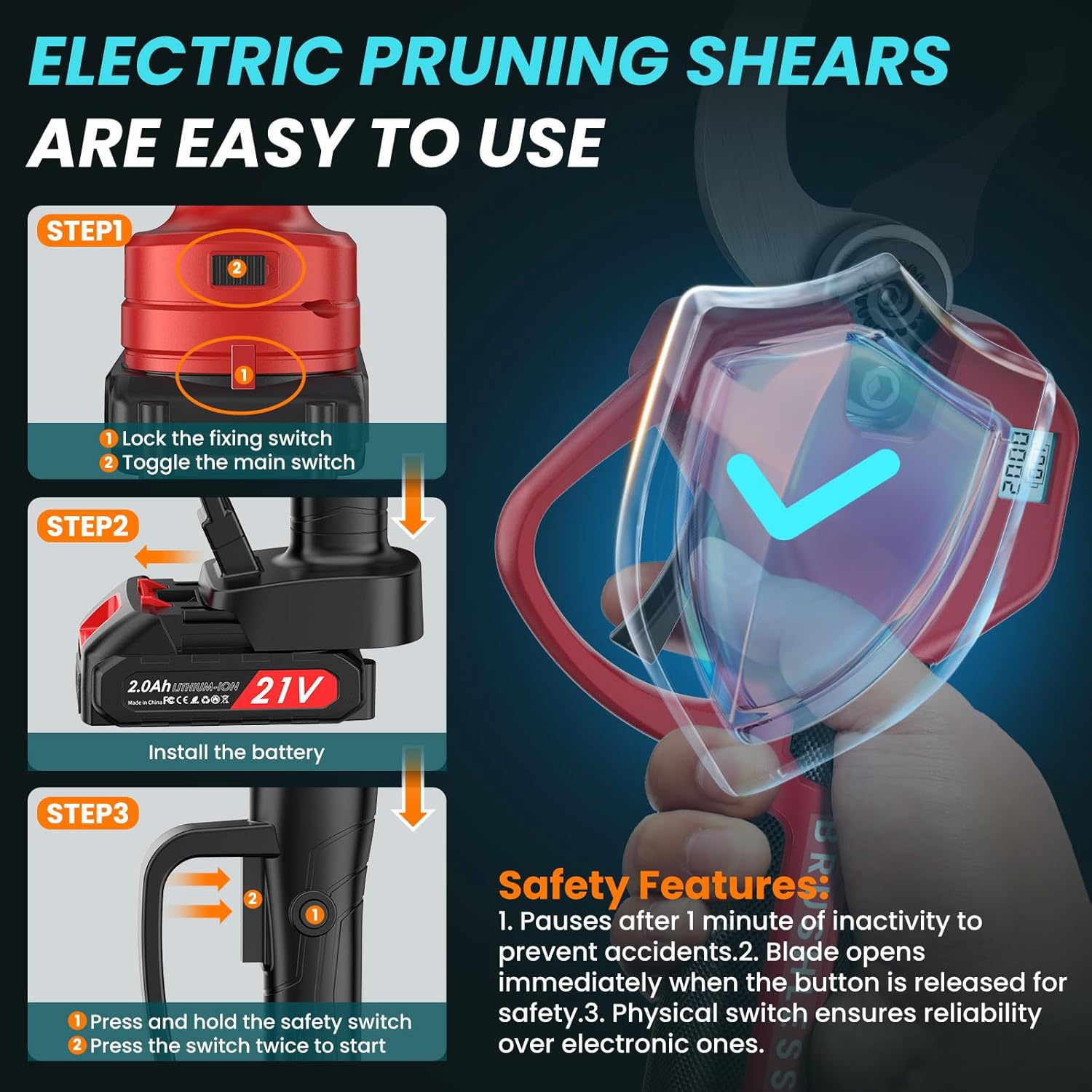 Electric Pruning Shears 50 mm, with Display, 2 Batteries 2000 mAh, Continued 4-8 Hours, Cutting Diameter is Adjustable in Two Gears (35/50 mm), Suitable for Orchards, Gardens and Farms