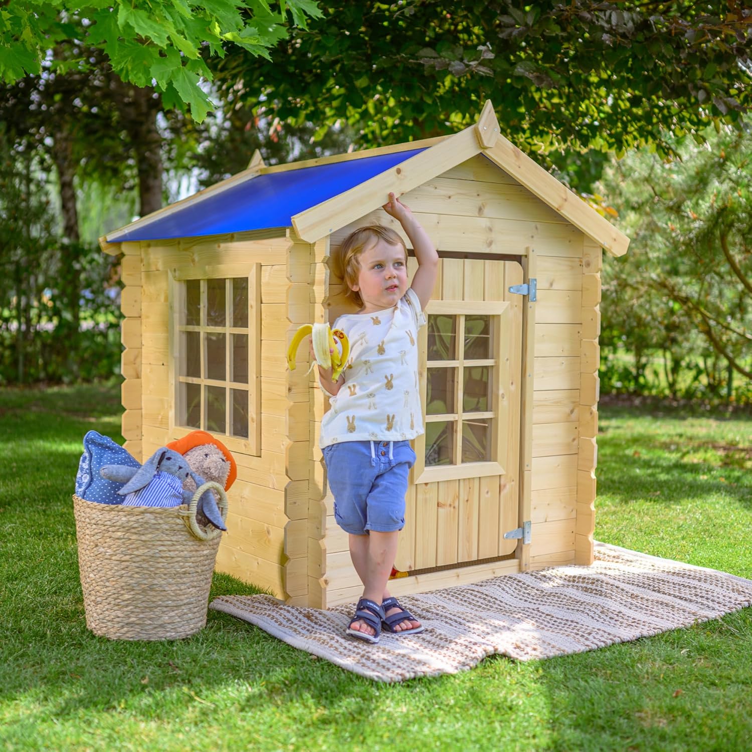 TIMBELA M570Z-1 Casa de Madera para Niños, Casita Infantil Exterior 111x113xA121 cm, Casitas Infantiles Jardin, Casa Juguete Niños, Caseta Infantil (Tetto-Colore Verde)